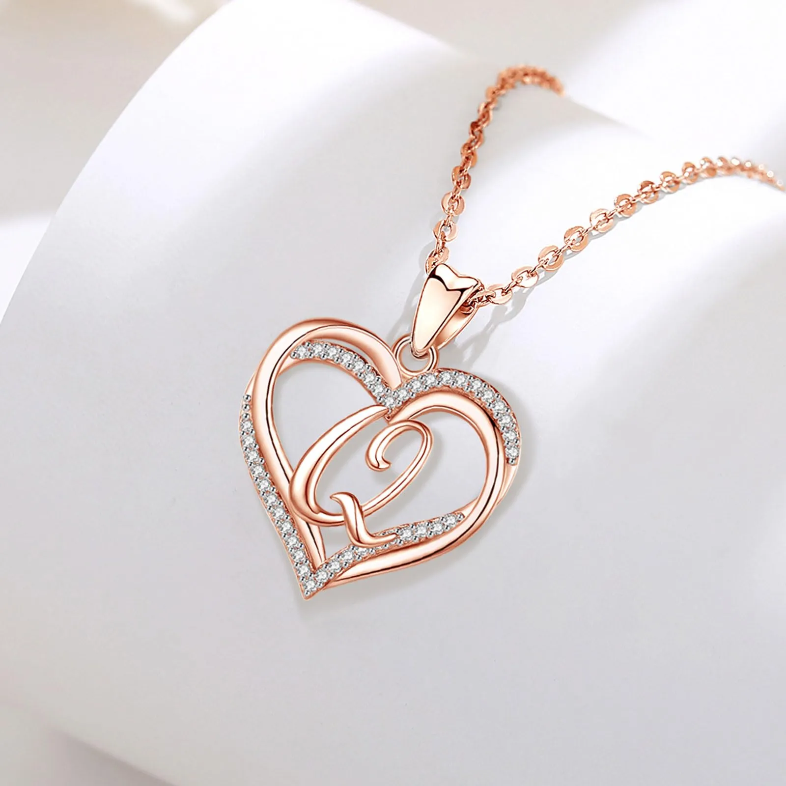 INFUSEU Collana in Oro Rosa con Ciondolo Iniziale Q, Lettera Doppio Cuore e Cubic Zirconia, Catena da 20 Pollici - immagine 9