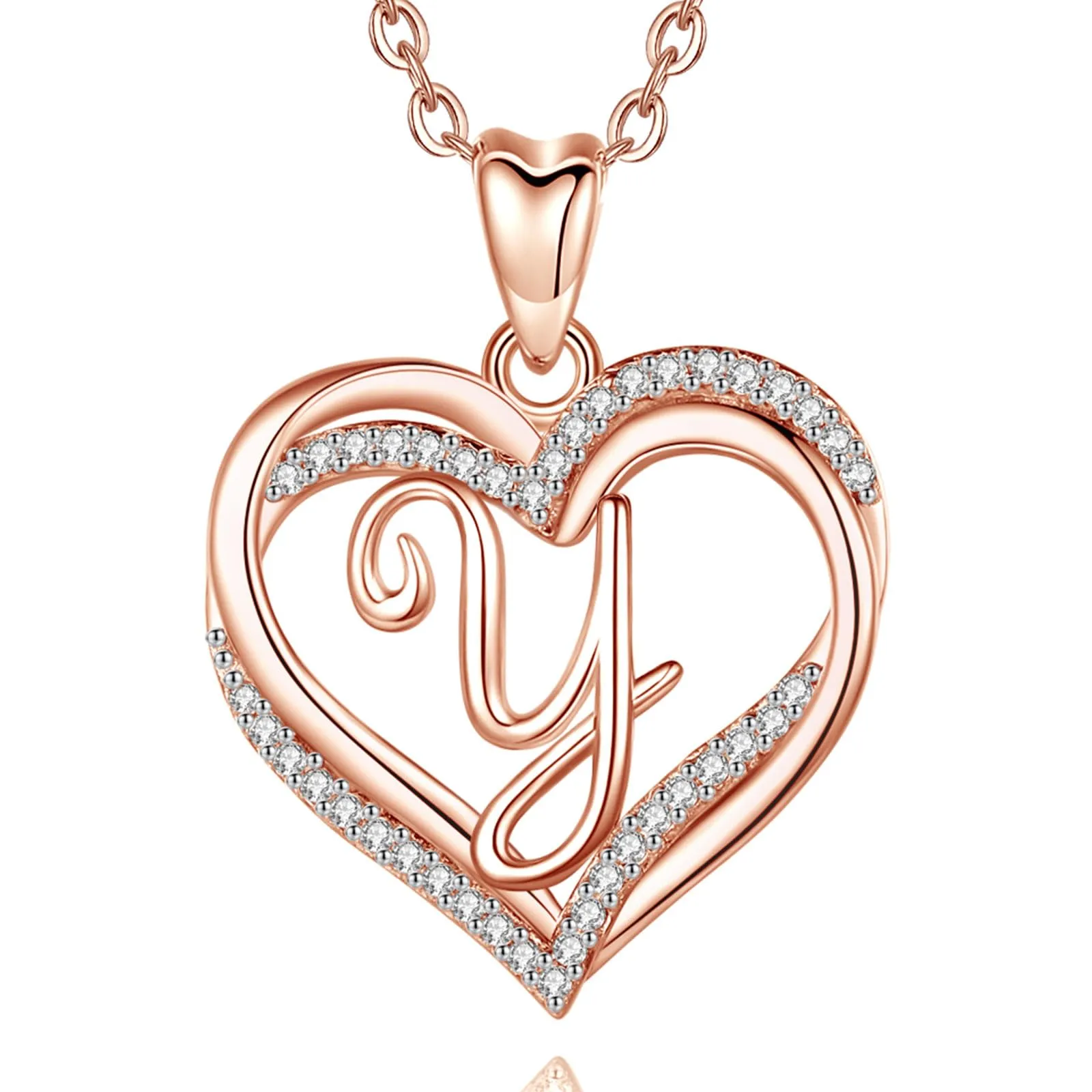 INFUSEU Collana con Ciondolo Doppio Cuore e Iniziale Personalizzata A-Z, Oro Rosa, Cubic Zirconia - immagine 1