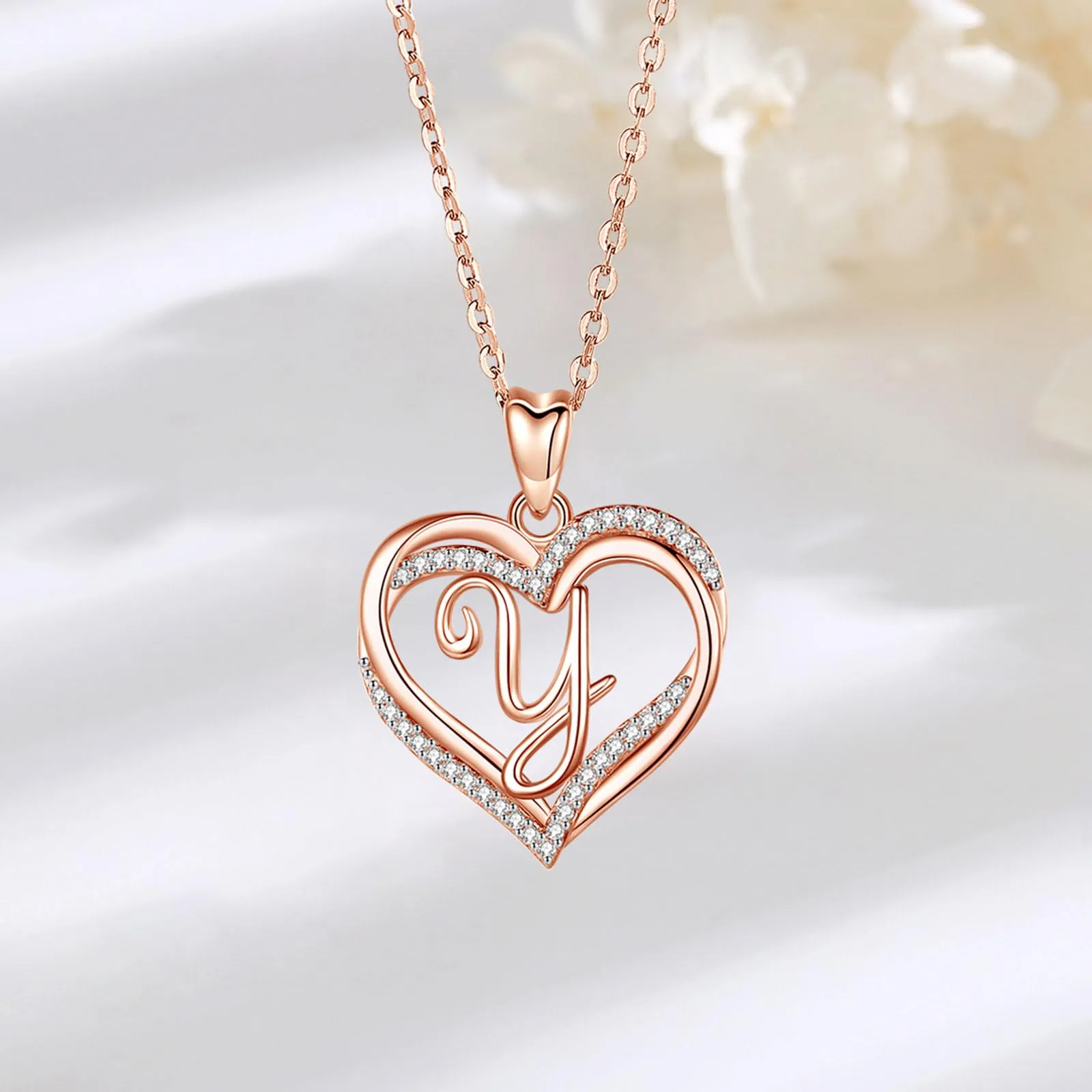 INFUSEU Collana con Ciondolo Doppio Cuore e Iniziale Personalizzata A-Z, Oro Rosa, Cubic Zirconia - immagine 2