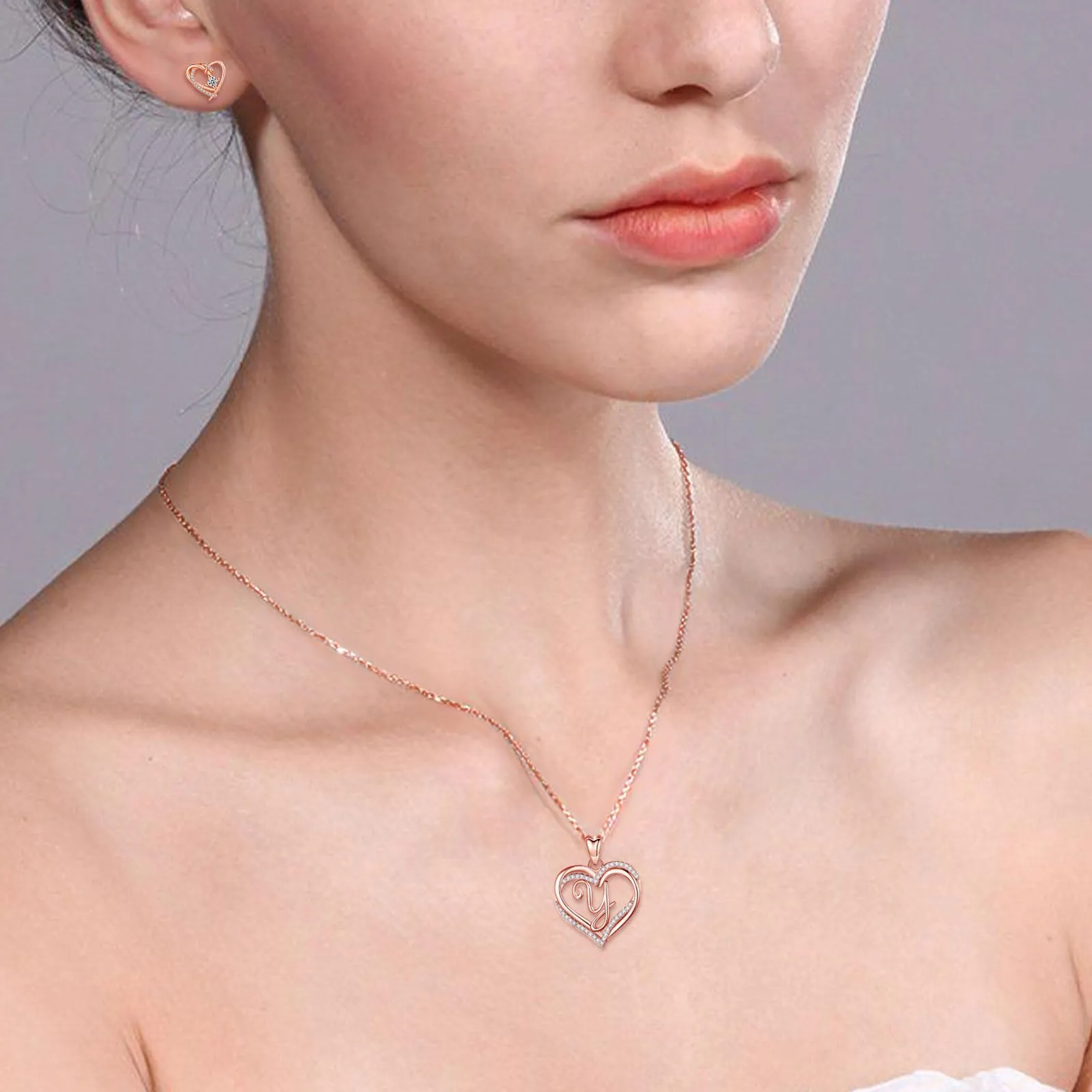 INFUSEU Collana con Ciondolo Doppio Cuore e Iniziale Personalizzata A-Z, Oro Rosa, Cubic Zirconia - immagine 3