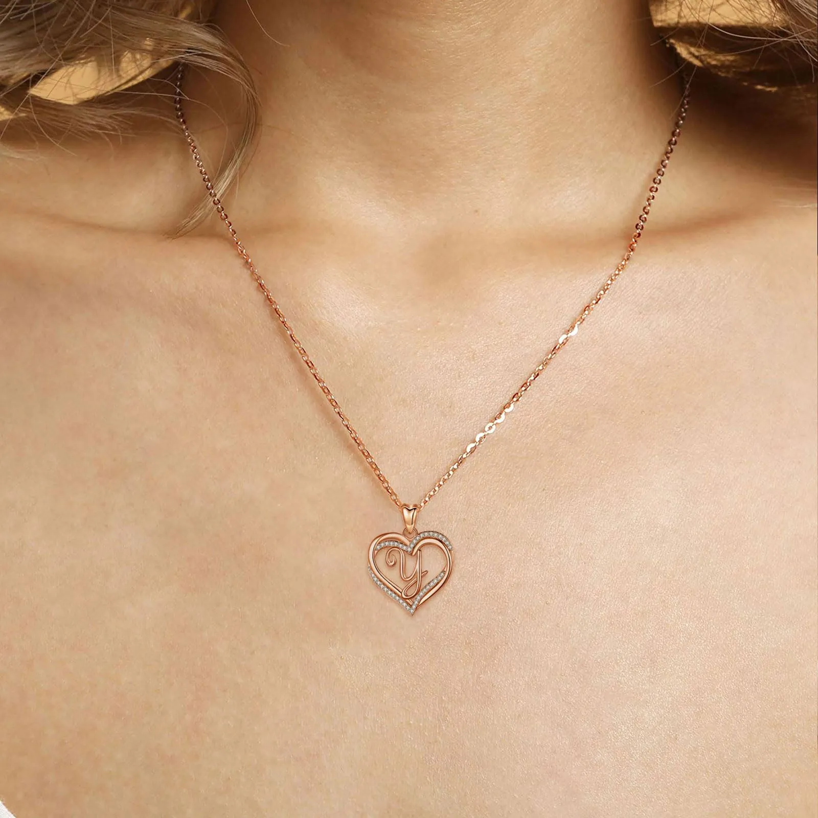 INFUSEU Collana con Ciondolo Doppio Cuore e Iniziale Personalizzata A-Z, Oro Rosa, Cubic Zirconia - immagine 4