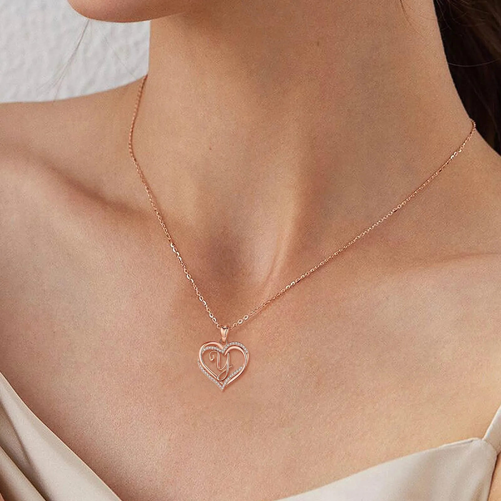 INFUSEU Collana con Ciondolo Doppio Cuore e Iniziale Personalizzata A-Z, Oro Rosa, Cubic Zirconia - immagine 8