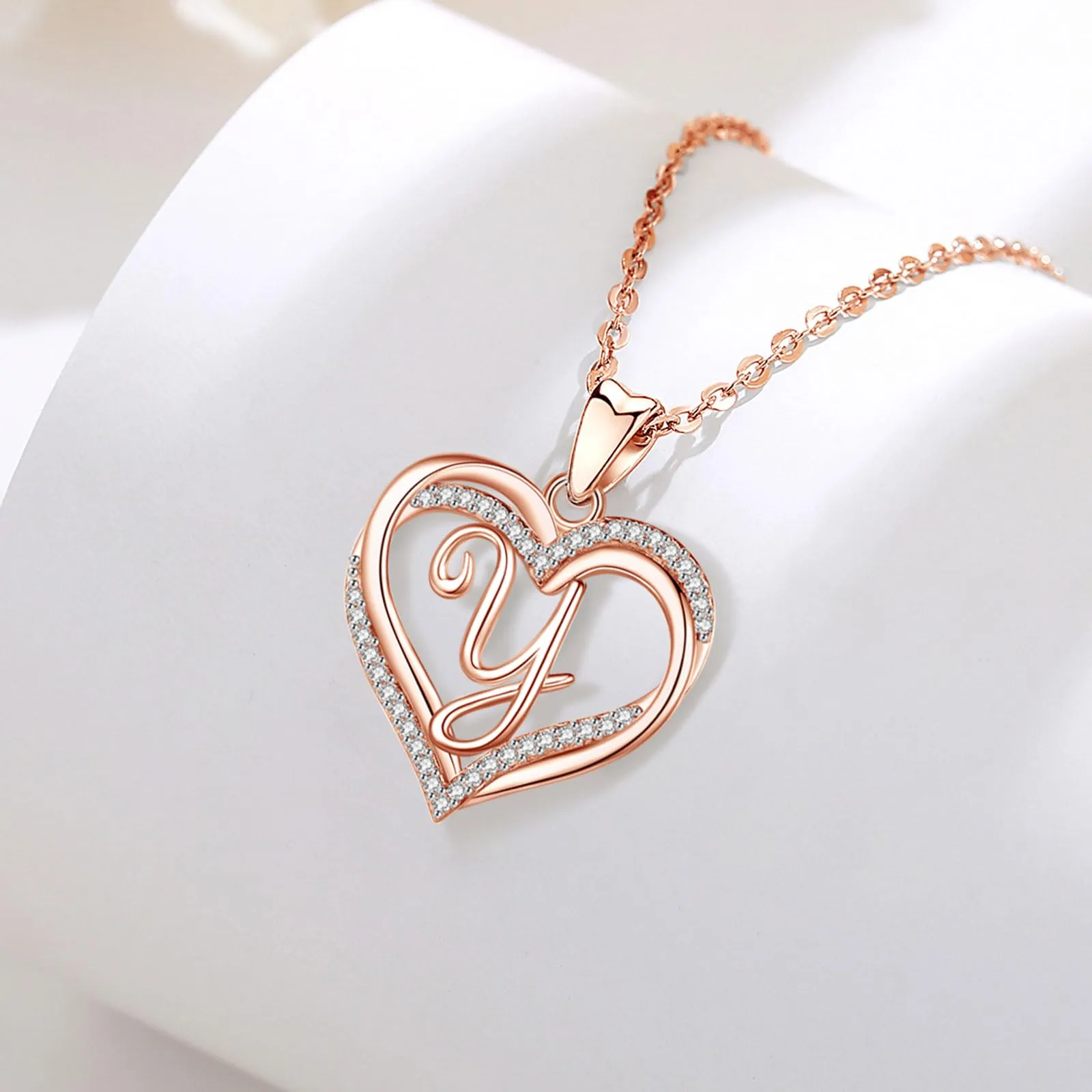 INFUSEU Collana con Ciondolo Doppio Cuore e Iniziale Personalizzata A-Z, Oro Rosa, Cubic Zirconia - immagine 9