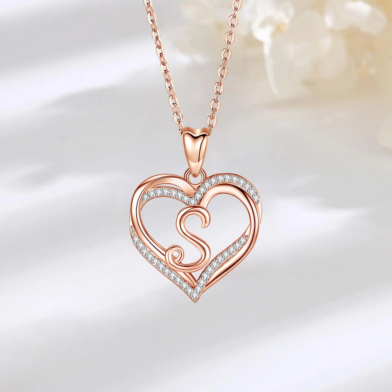 INFUSEU Collana Iniziale Cuore Donna, Ciondolo Lettera S in Oro Rosa con Cubic Zirconia, Catena da 20 Pollici - immagine 2