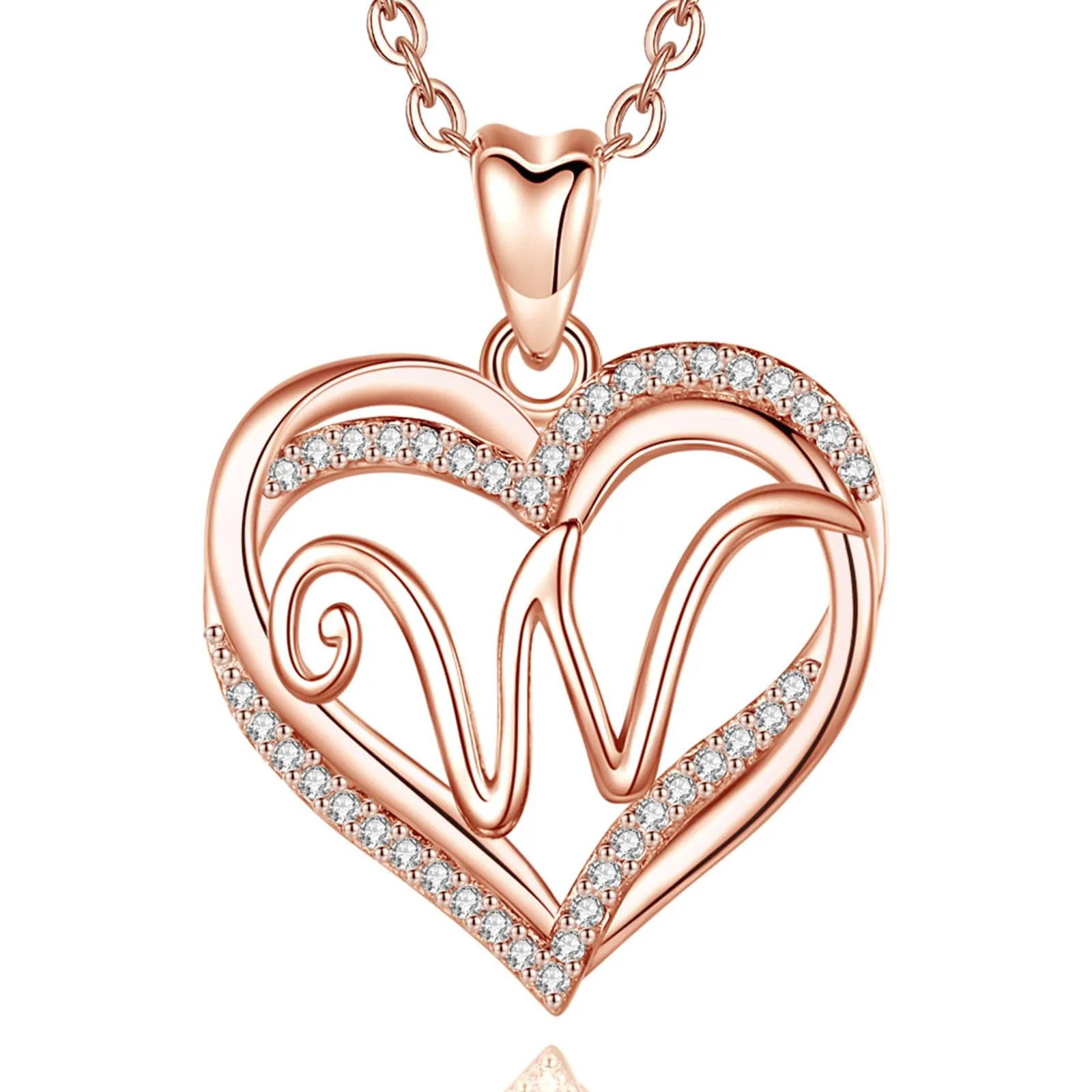 INFUSEU Collana Alfabeto Lettera W con Ciondolo Doppio Cuore in Oro Rosa e Cubic Zirconia, Catena da 20 Pollici - immagine 1