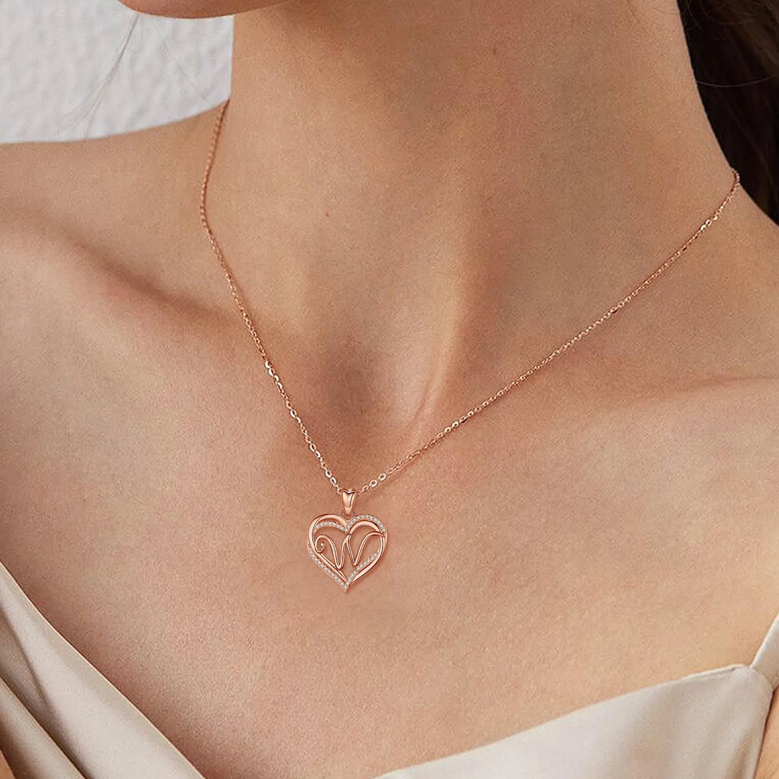 INFUSEU Collana Alfabeto Lettera W con Ciondolo Doppio Cuore in Oro Rosa e Cubic Zirconia, Catena da 20 Pollici - immagine 8