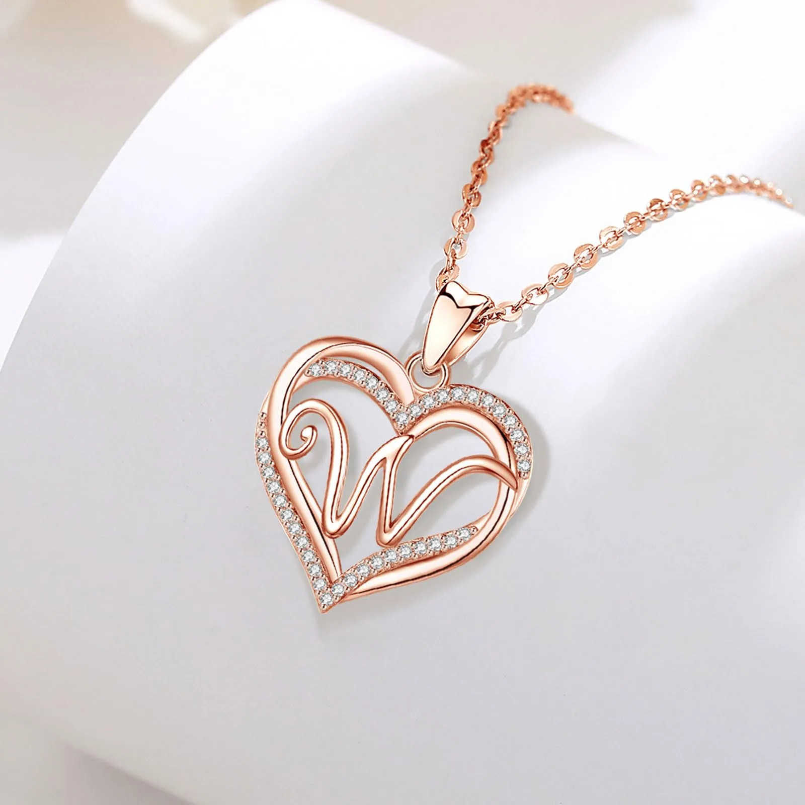 INFUSEU Collana Alfabeto Lettera W con Ciondolo Doppio Cuore in Oro Rosa e Cubic Zirconia, Catena da 20 Pollici - immagine 9