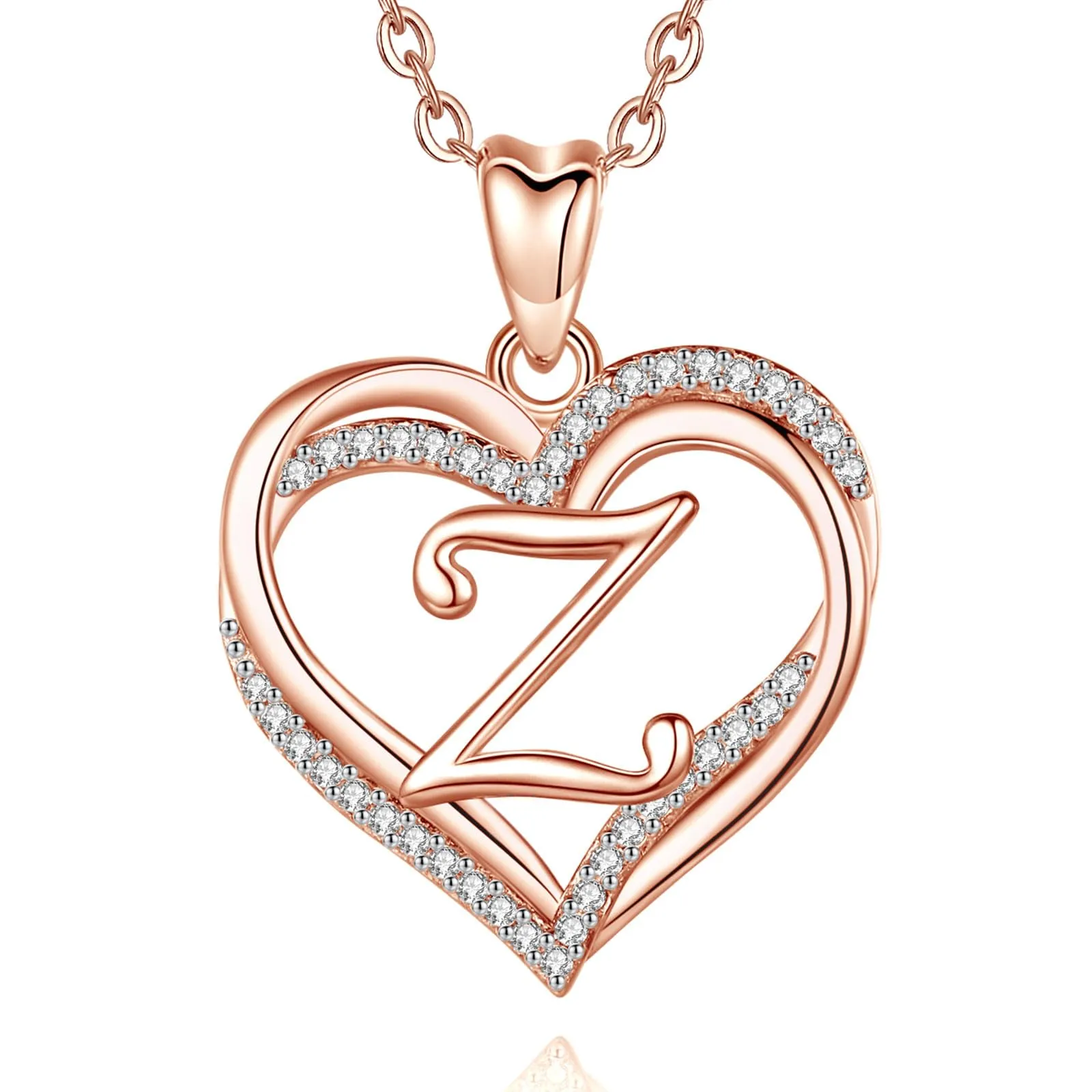 INFUSEU Collana con Ciondolo Lettera Alfabeto e Doppio Cuore, Oro Rosa, Cubic Zirconia, 20 Pollici - immagine 1