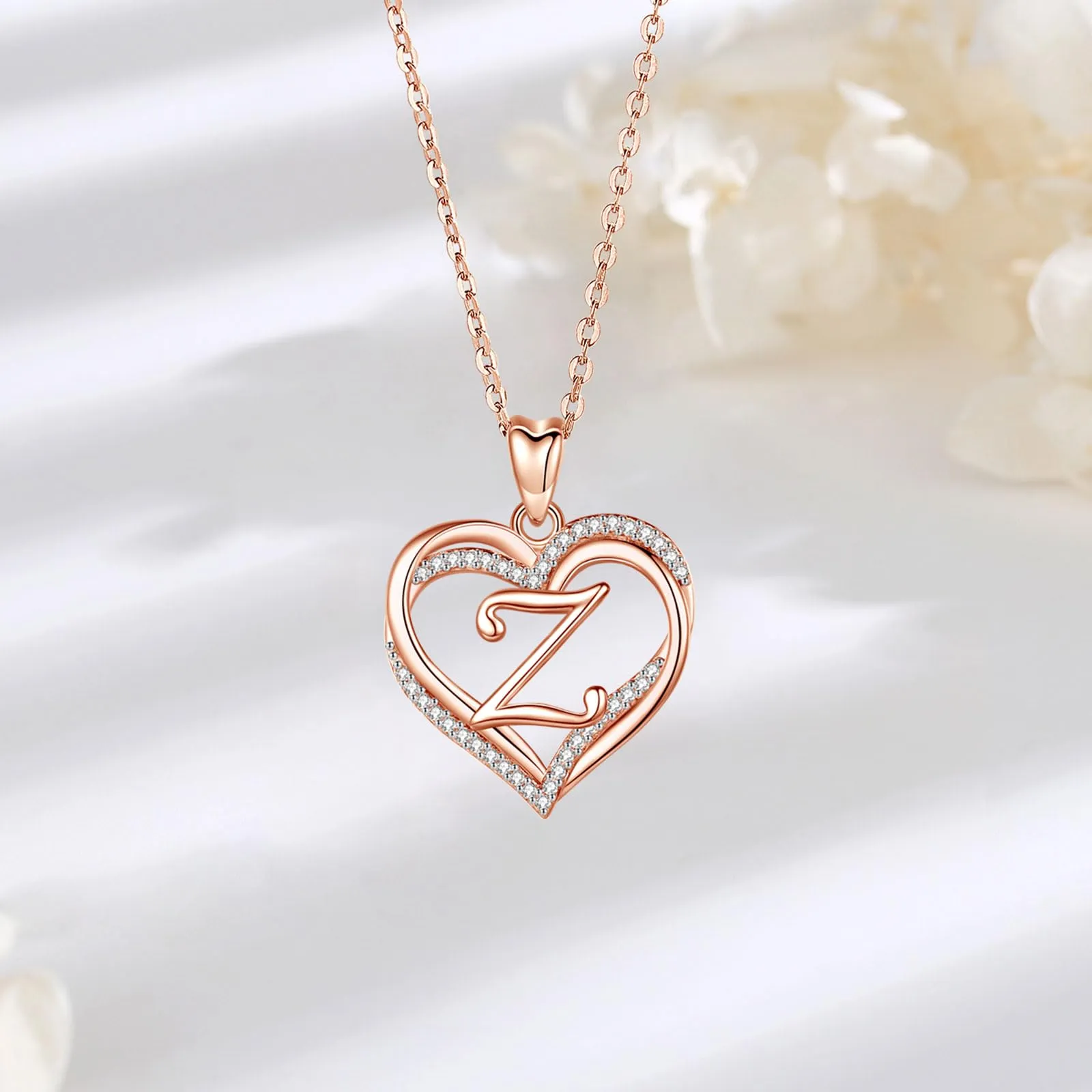 INFUSEU Collana con Ciondolo Lettera Alfabeto e Doppio Cuore, Oro Rosa, Cubic Zirconia, 20 Pollici - immagine 2