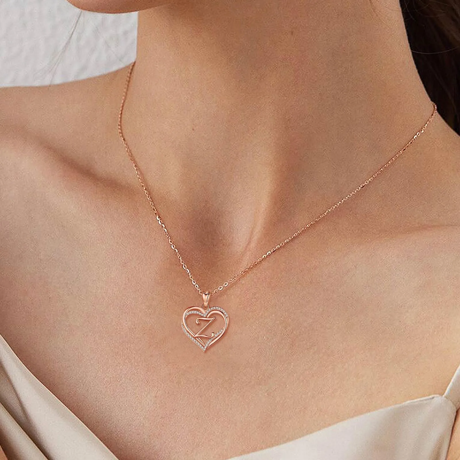 INFUSEU Collana con Ciondolo Lettera Alfabeto e Doppio Cuore, Oro Rosa, Cubic Zirconia, 20 Pollici - immagine 3