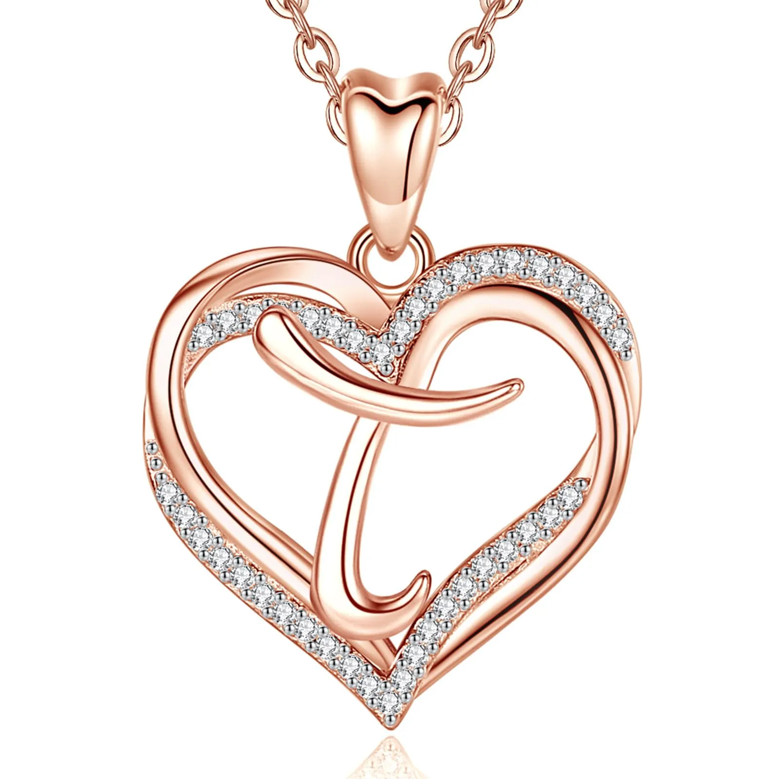 INFUSEU Collana Cuore con Iniziale T in Oro Rosa e Cubic Zirconia, 20 Pollici - immagine 1