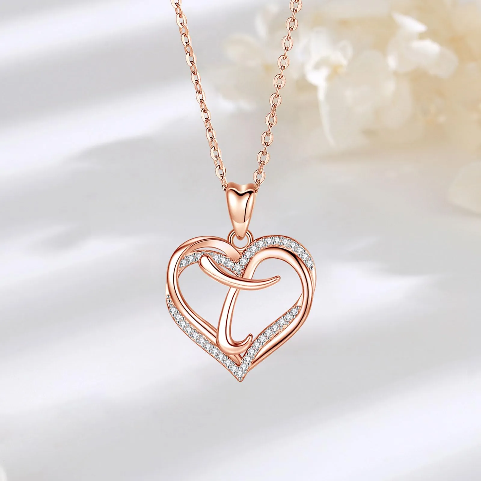 INFUSEU Collana Cuore con Iniziale T in Oro Rosa e Cubic Zirconia, 20 Pollici - immagine 7