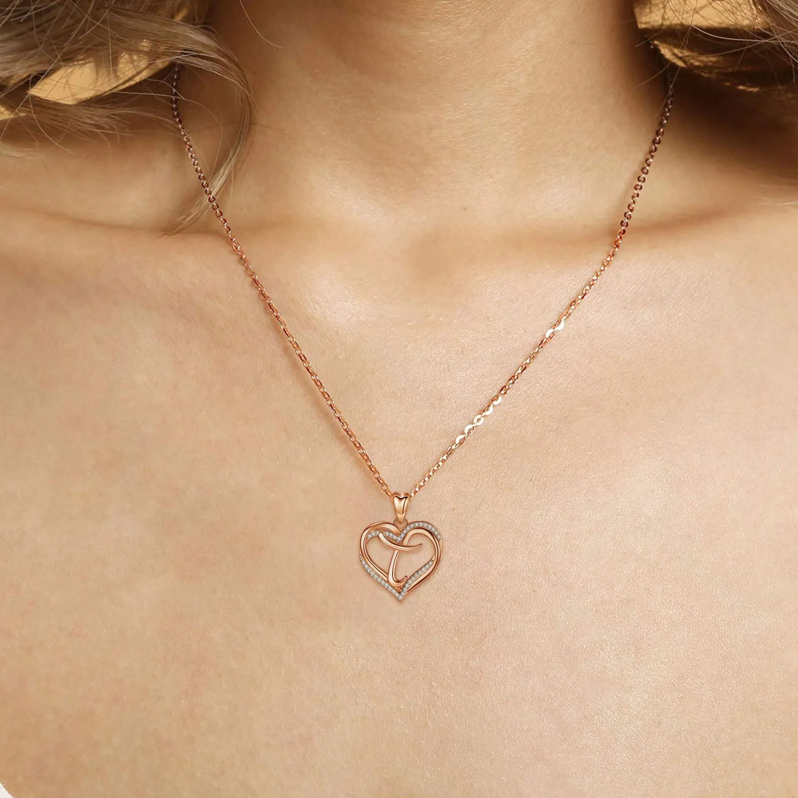 INFUSEU Collana Cuore con Iniziale T in Oro Rosa e Cubic Zirconia, 20 Pollici - immagine 8