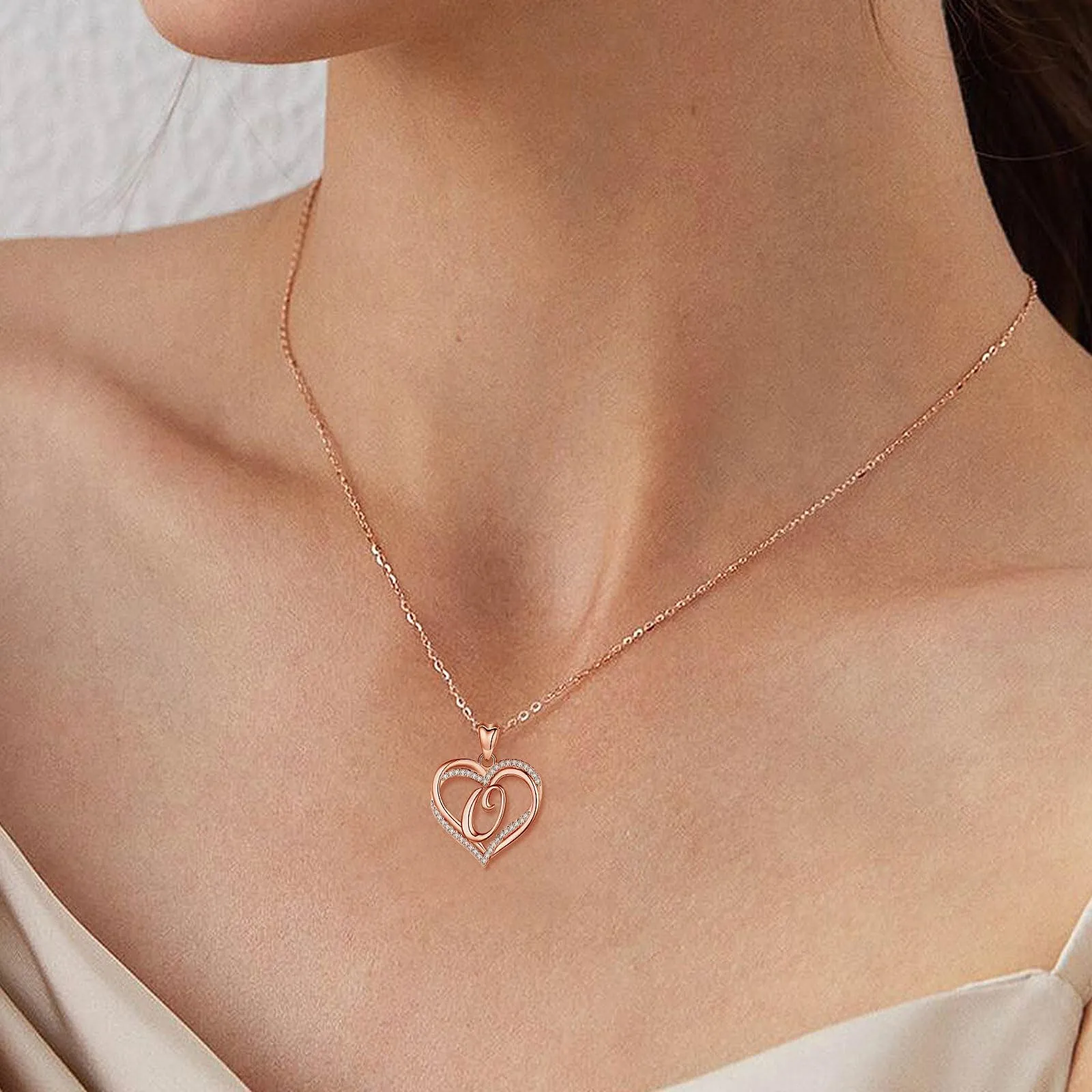 INFUSEU Collana Iniziale Alfabeto Oro Rosa con Ciondolo Cubic Zirconia CZ e Doppio Cuore, Catena da 20 Pollici - immagine 2
