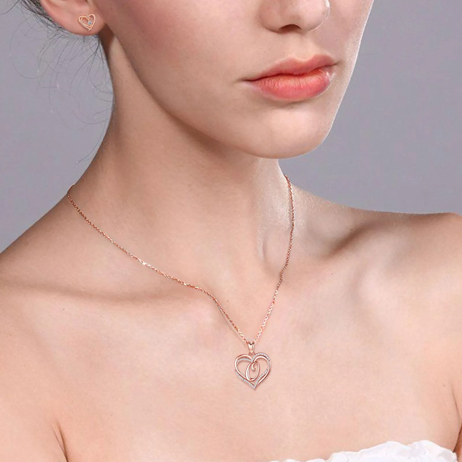 INFUSEU Collana Iniziale Alfabeto Oro Rosa con Ciondolo Cubic Zirconia CZ e Doppio Cuore, Catena da 20 Pollici - immagine 4