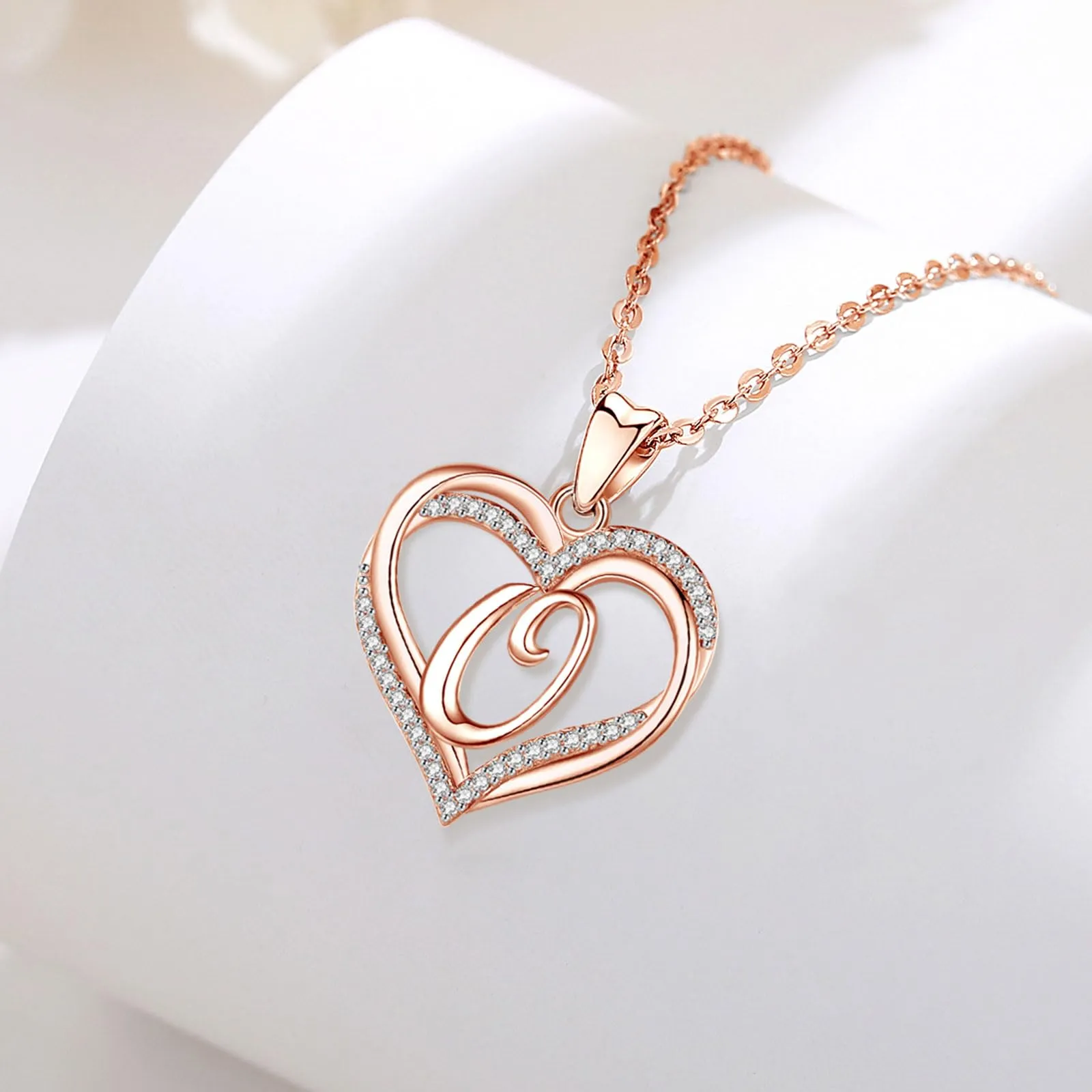 INFUSEU Collana Iniziale Alfabeto Oro Rosa con Ciondolo Cubic Zirconia CZ e Doppio Cuore, Catena da 20 Pollici - immagine 8