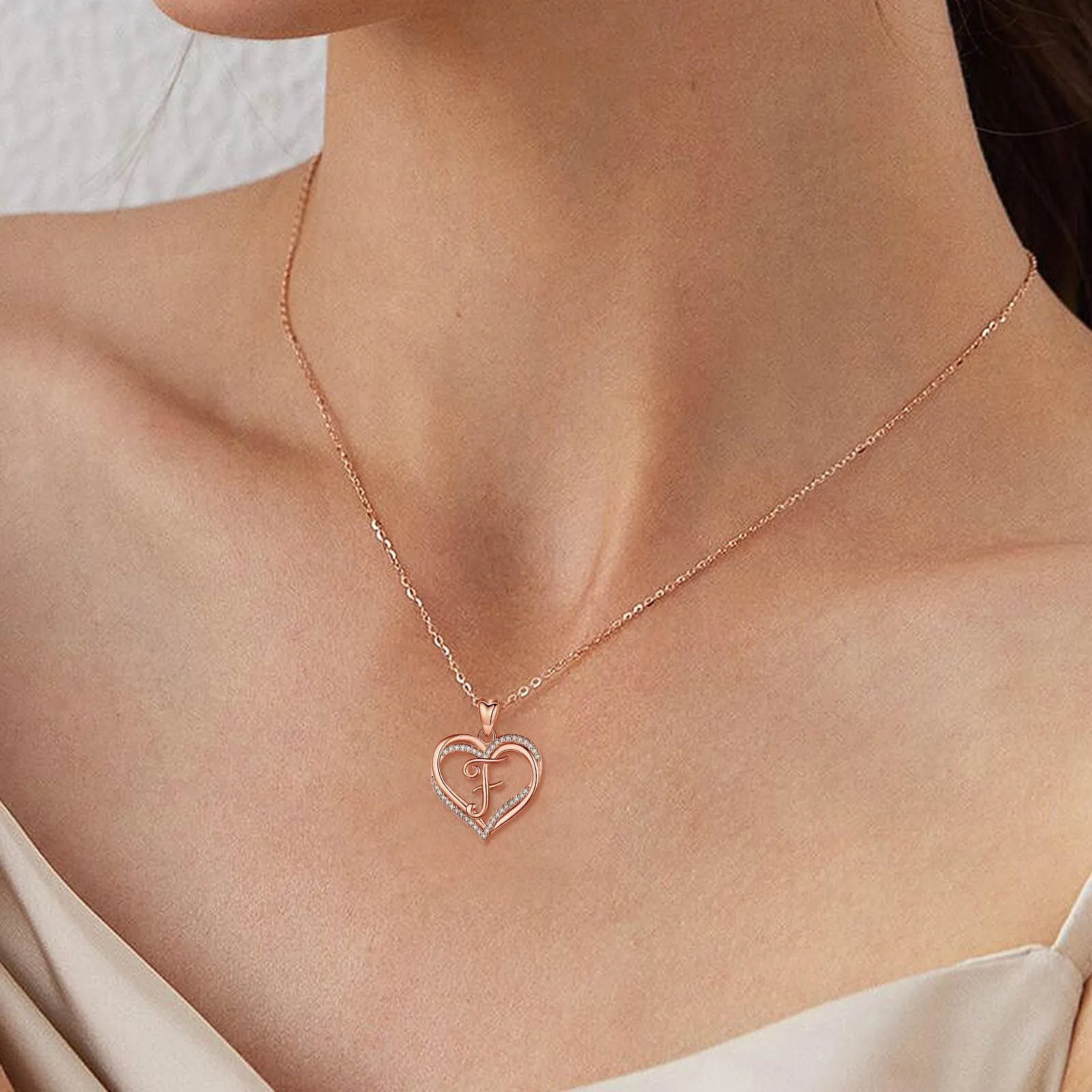 INFUSEU Collana Iniziale F Ciondolo Doppio Cuore in Oro Rosa con Cubic Zirconia, Catena da 20 Pollici - immagine 7