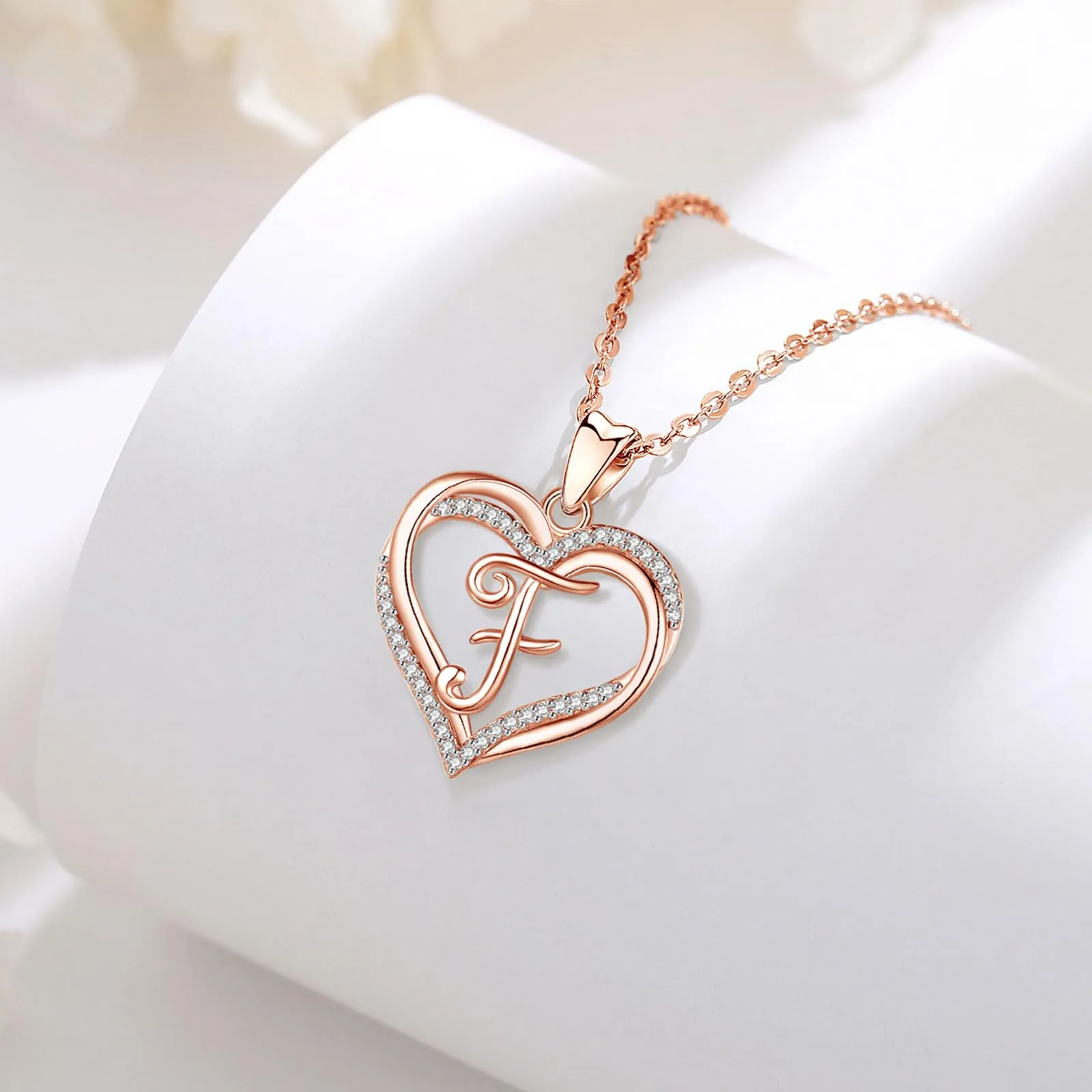 INFUSEU Collana Iniziale F Ciondolo Doppio Cuore in Oro Rosa con Cubic Zirconia, Catena da 20 Pollici - immagine 8