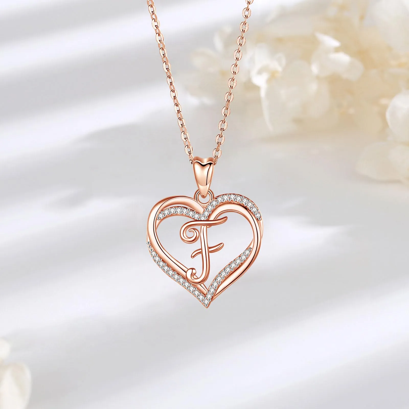 INFUSEU Collana Iniziale F Ciondolo Doppio Cuore in Oro Rosa con Cubic Zirconia, Catena da 20 Pollici - immagine 9