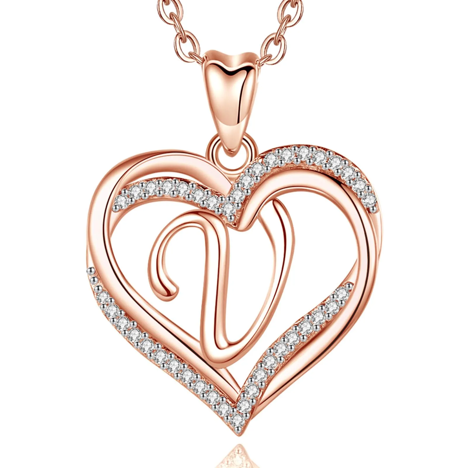 INFUSEU Collana Iniziale Doppio Cuore V Oro Rosa Ciondolo Lettera Cubic Zirconia 20 Pollici per Donne - immagine 1