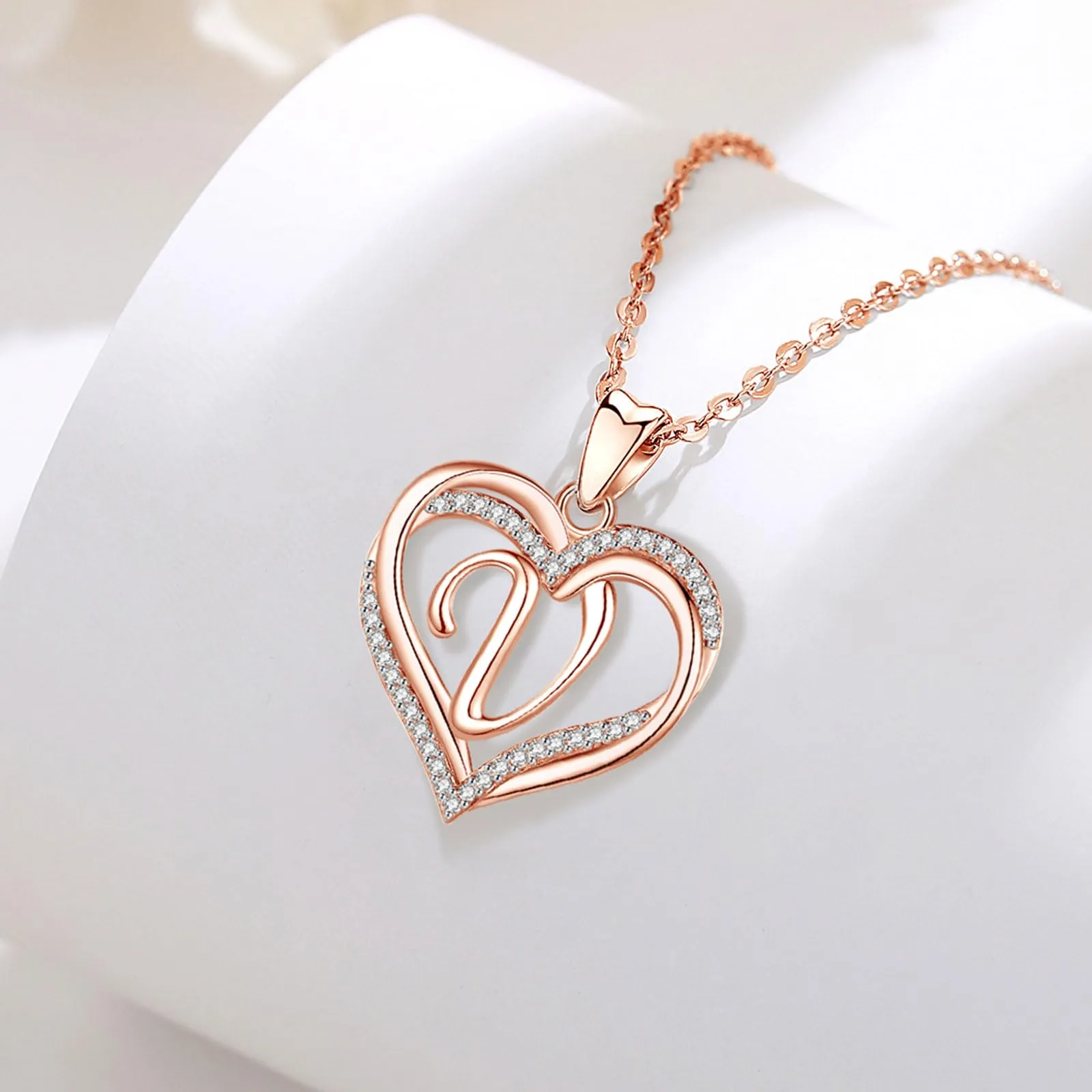 INFUSEU Collana Iniziale Doppio Cuore V Oro Rosa Ciondolo Lettera Cubic Zirconia 20 Pollici per Donne - immagine 8