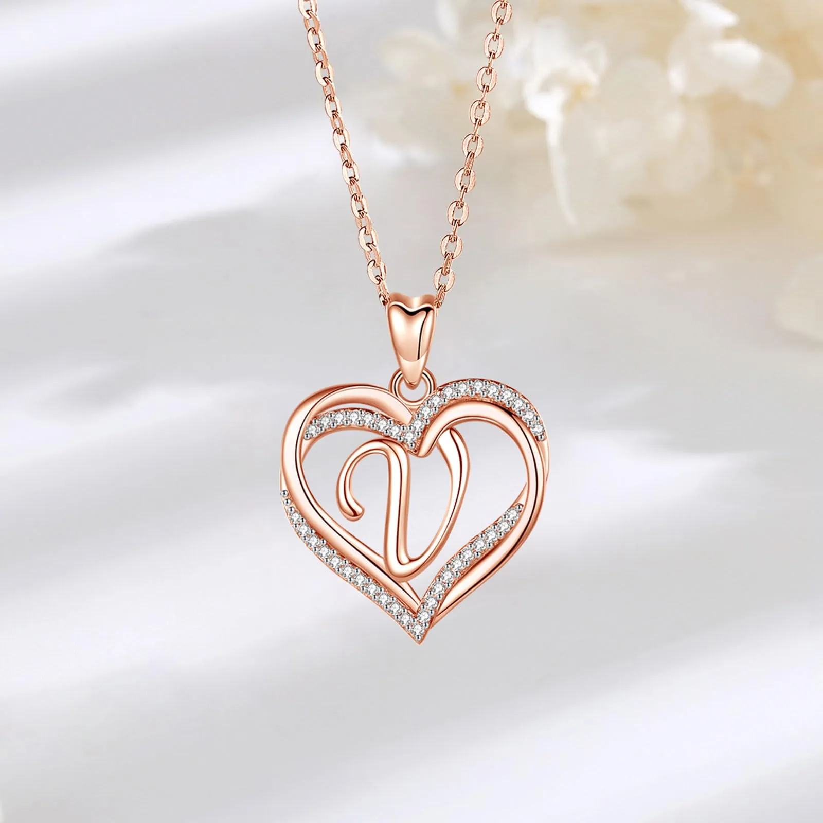 INFUSEU Collana Iniziale Doppio Cuore V Oro Rosa Ciondolo Lettera Cubic Zirconia 20 Pollici per Donne - immagine 9
