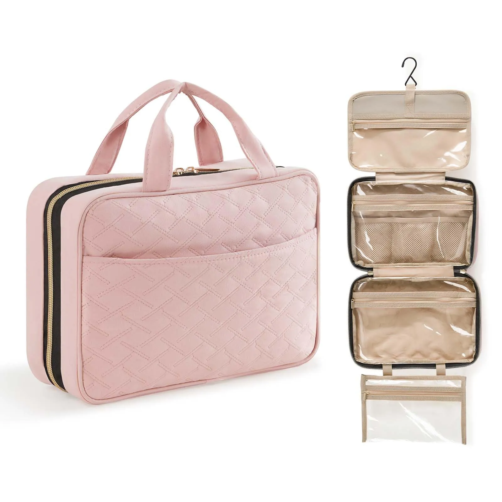 Lifewit Beauty Case da Viaggio, Trousse Trucchi da Appendere con 4 Scomparti, Rosa - immagine 2