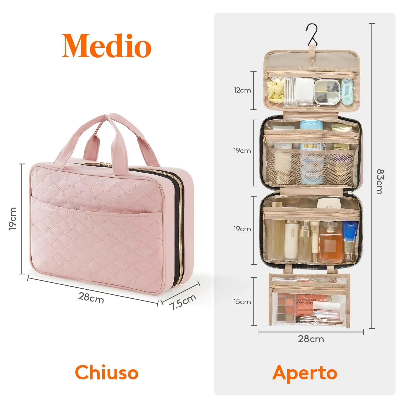 Lifewit Beauty Case da Viaggio, Trousse Trucchi da Appendere con 4 Scomparti, Rosa - immagine 3