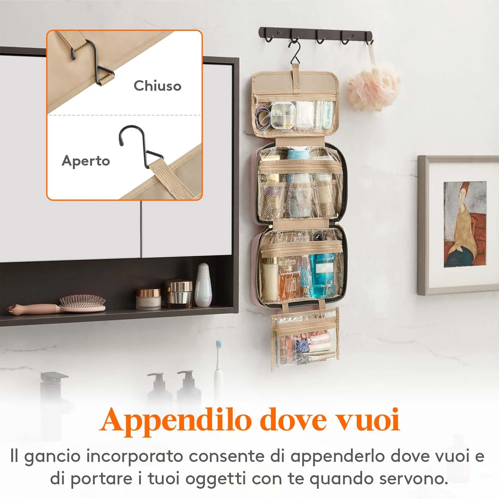 Lifewit Beauty Case da Viaggio, Trousse Trucchi da Appendere con 4 Scomparti, Rosa - immagine 7