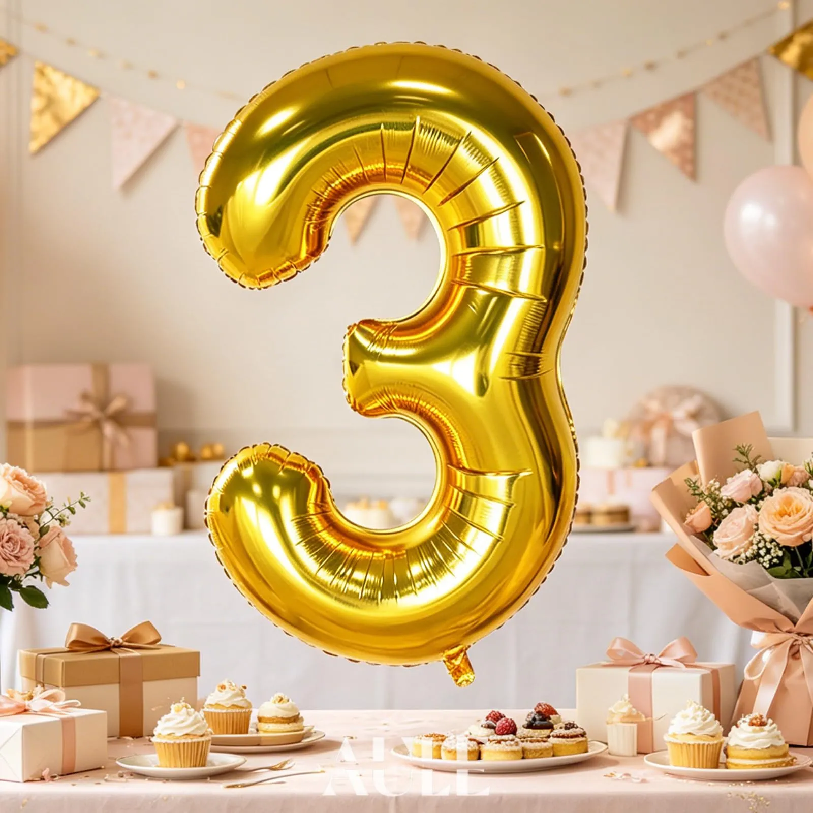 AULE Palloncino Numero 3 Oro, 101 cm, Mylar Foil - immagine 2