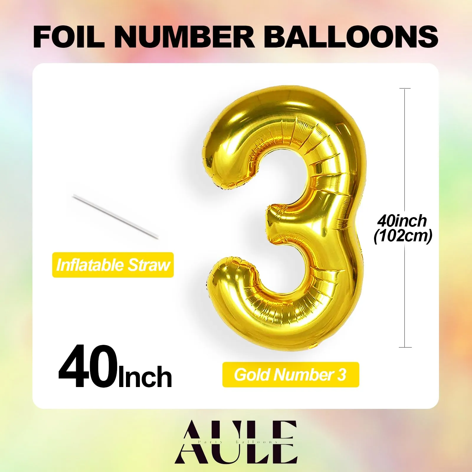 AULE Palloncino Numero 3 Oro, 101 cm, Mylar Foil - immagine 4
