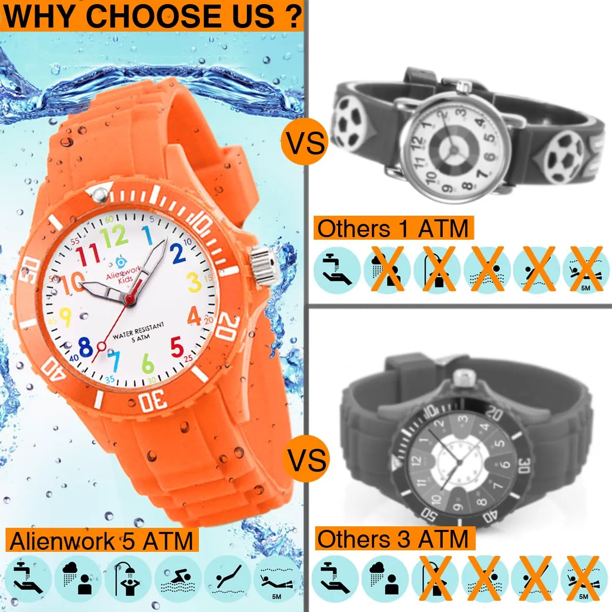 Alienwork Orologio di Apprendimento per Bambini, Silicone Multicolore Arancione, Impermeabile 5 ATM - immagine 5