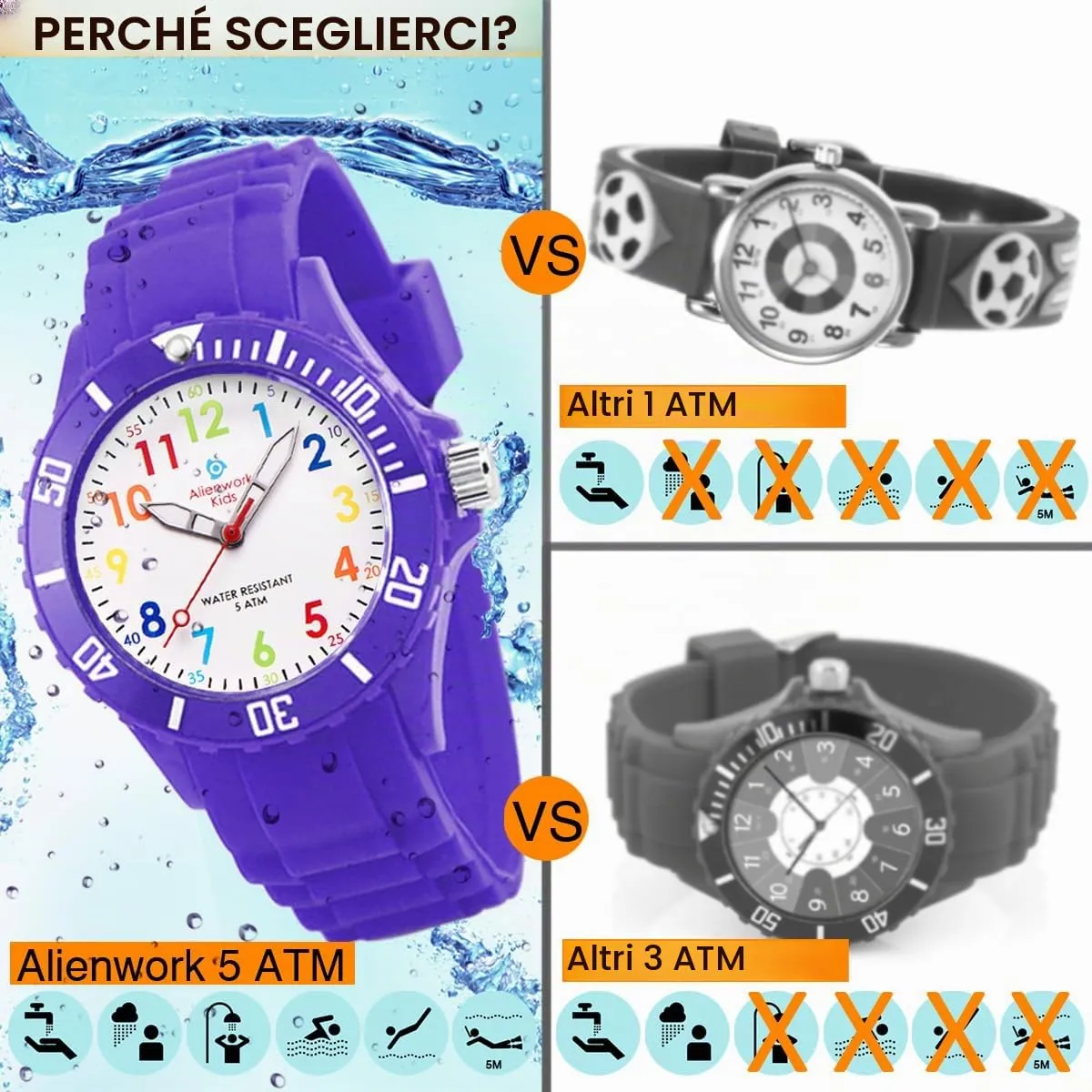 Alienwork Orologio di Apprendimento per Bambini, Viola, Bracciale in Silicone Multicolore, Impermeabile 5 ATM - immagine 5