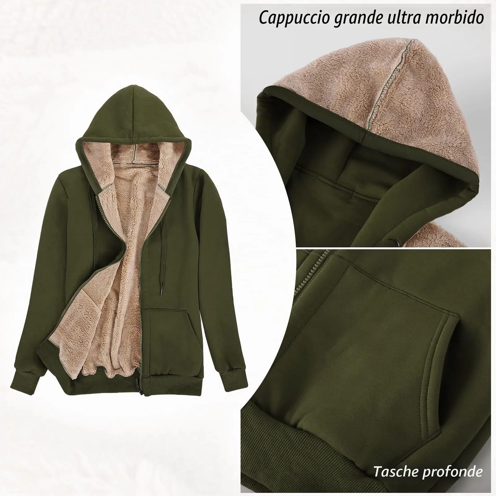 UMIPUBO Felpa Donna con Zip e Cappuccio in Pile Verde, S - immagine 6