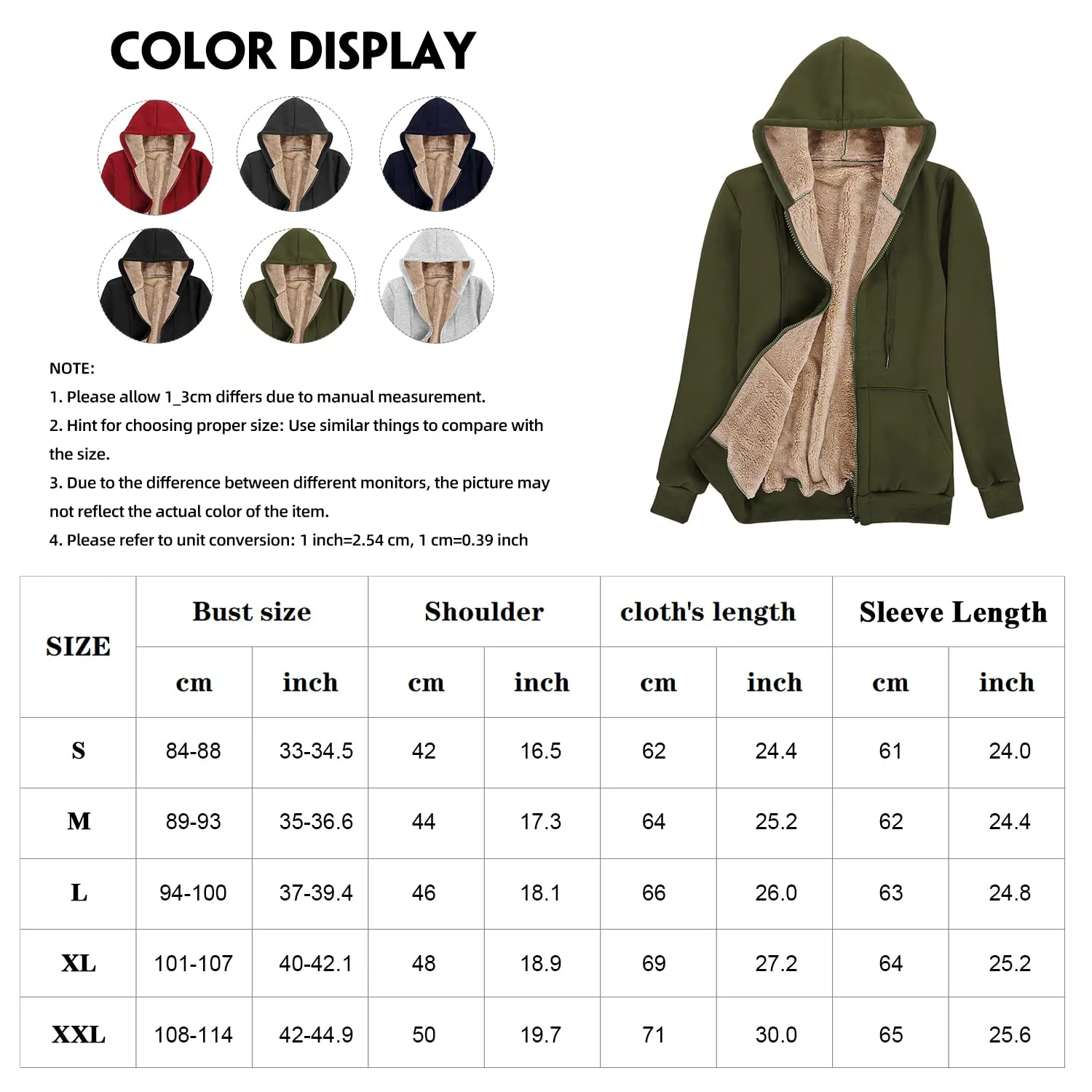 UMIPUBO Felpa Donna con Zip e Cappuccio in Pile Verde, S - immagine 8