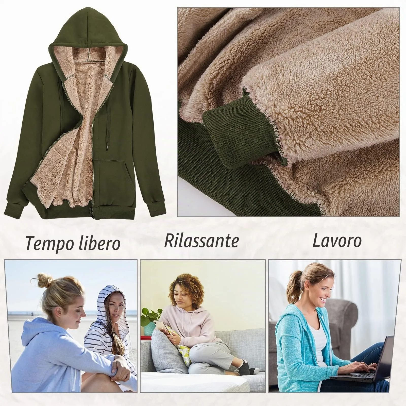 UMIPUBO Felpa Donna con Zip e Cappuccio in Pile Verde M - immagine 2