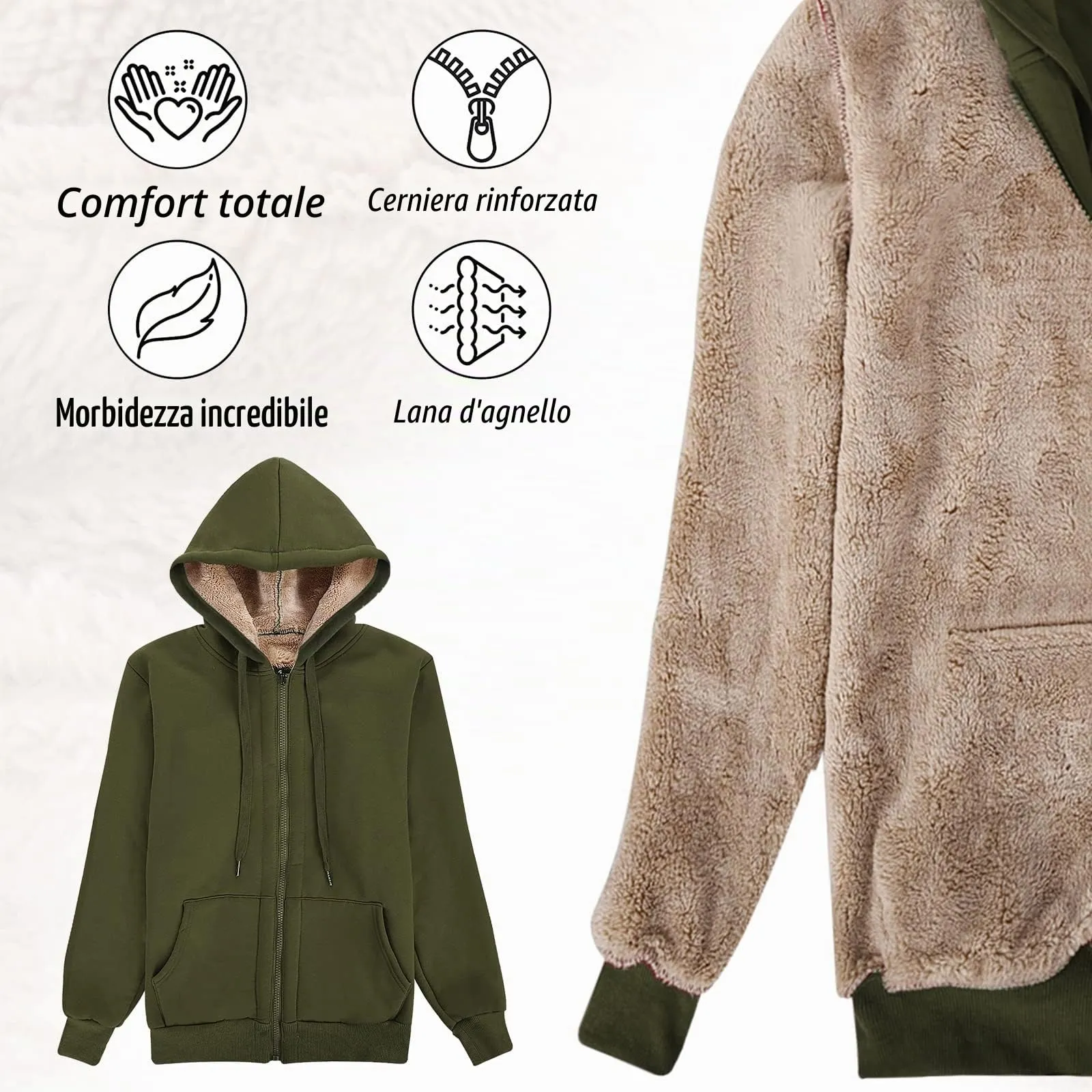 UMIPUBO Felpa Donna con Zip e Cappuccio in Pile Verde M - immagine 7