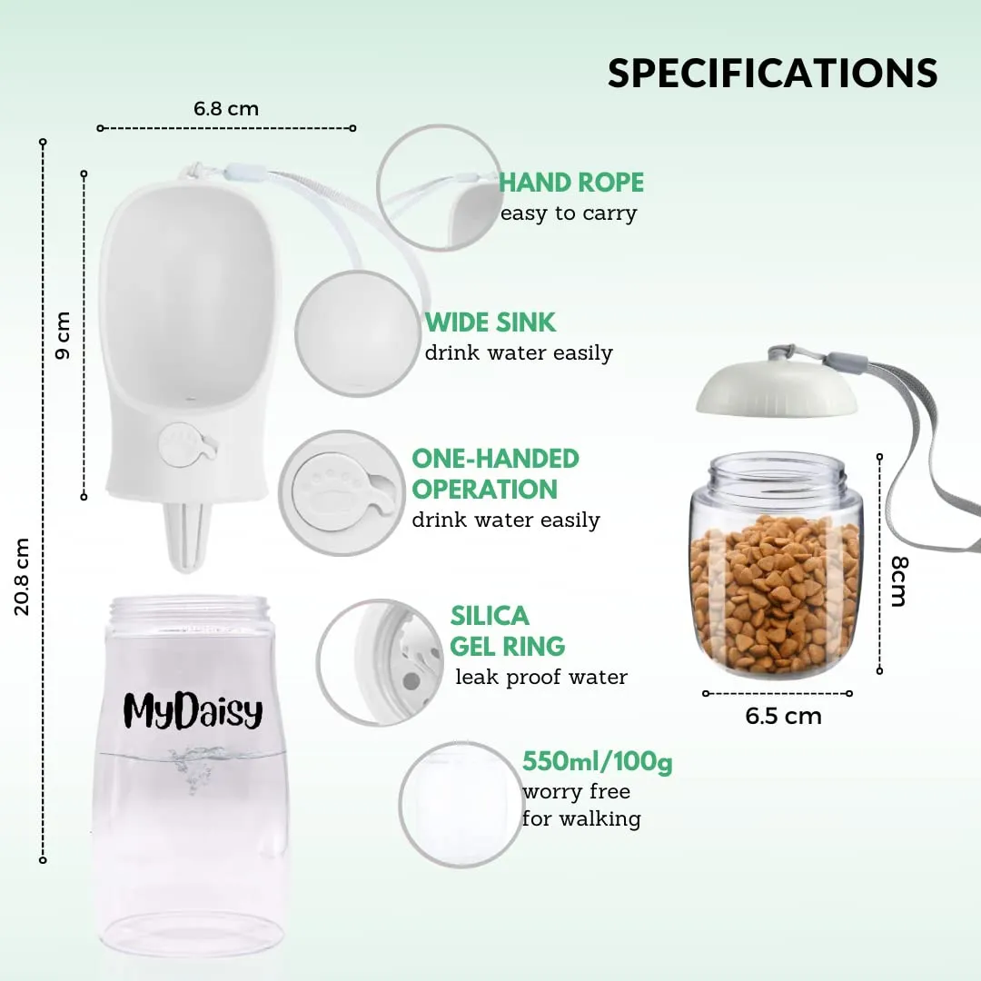 MYDAISY Borraccia per Cani e Gatti da Viaggio, 550ml con Contenitore Cibo 100g, a Prova di Perdite, Bianco - immagine 2