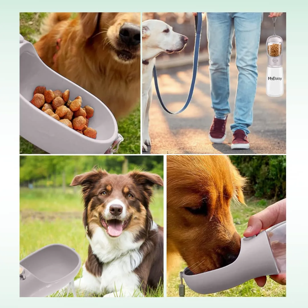 MYDAISY Borraccia per Cani e Gatti da Viaggio, 550ml con Contenitore Cibo 100g, a Prova di Perdite, Bianco - immagine 3