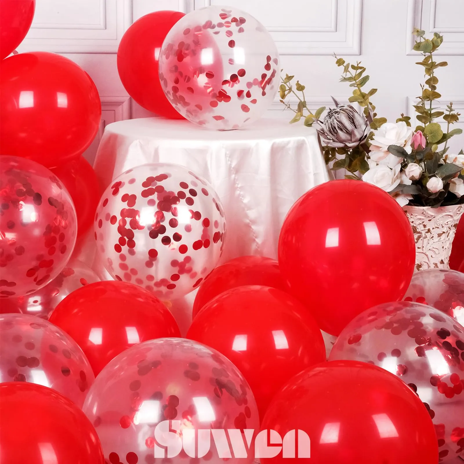 SUWEN Set 47 Pezzi Palloncini in Lattice e Confetti Rossi - immagine 2