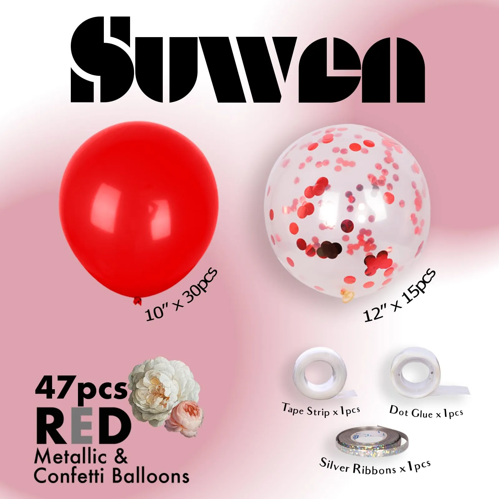 SUWEN Set 47 Pezzi Palloncini in Lattice e Confetti Rossi - immagine 3