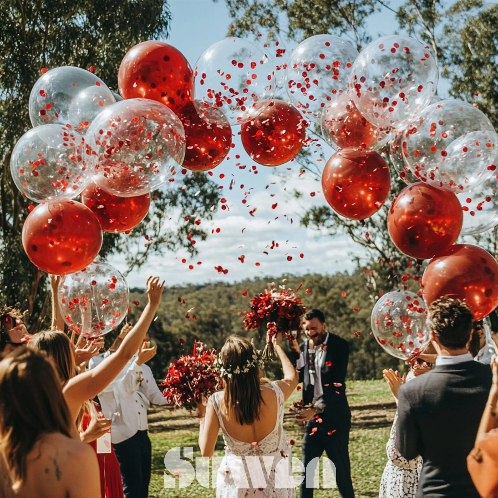 SUWEN Set 47 Pezzi Palloncini in Lattice e Confetti Rossi - immagine 6