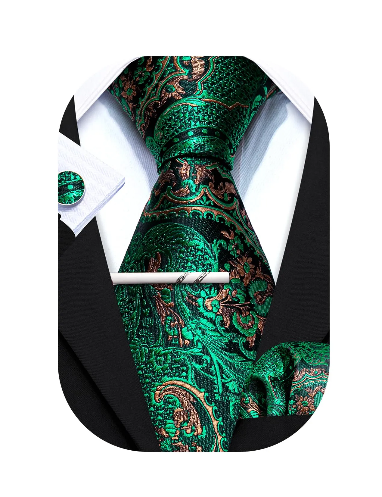 Barry.Wang Set da Uomo con Cravatta, Fazzoletto da Taschino e Gemelli in Seta, Motivo Paisley, Verde - immagine 1