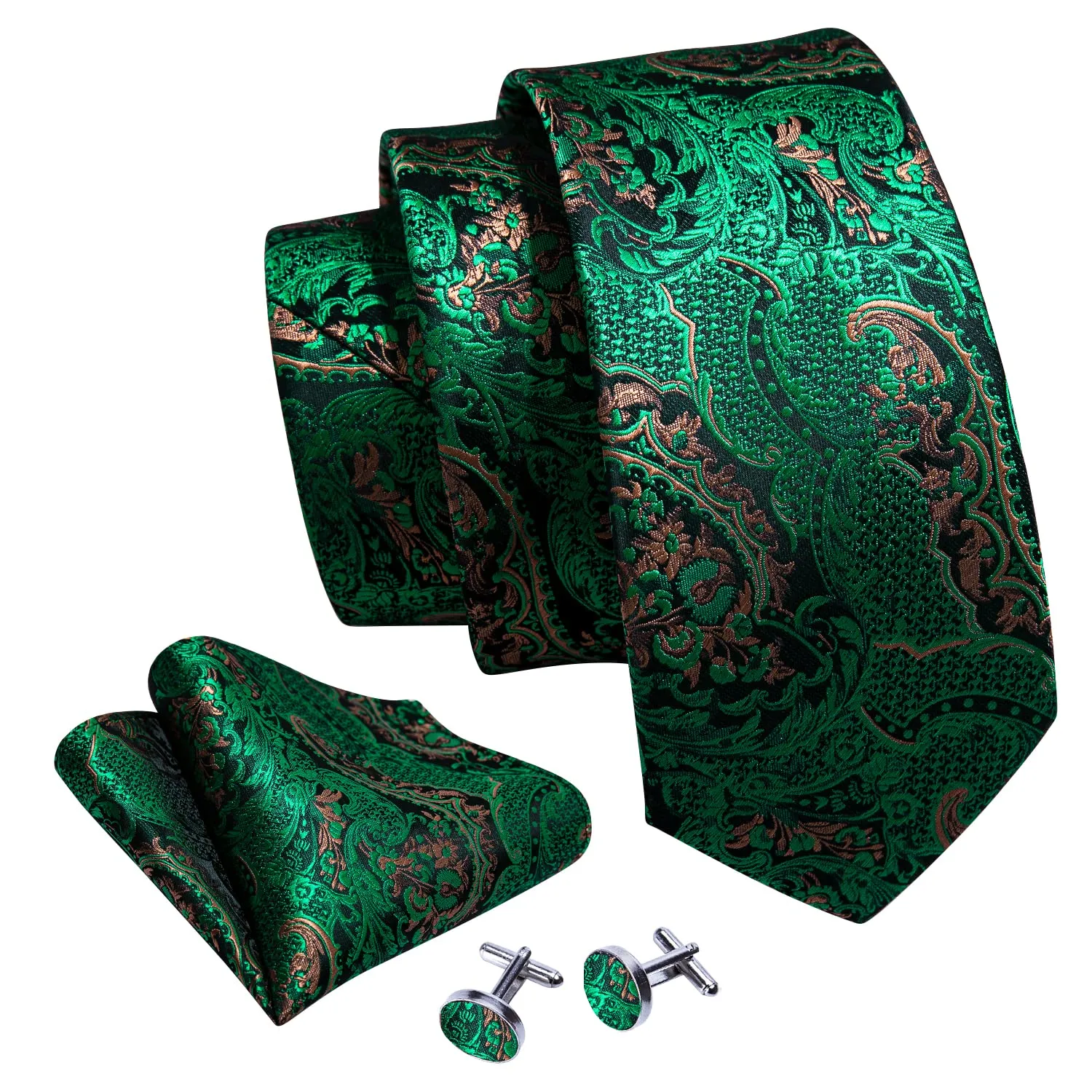 Barry.Wang Set da Uomo con Cravatta, Fazzoletto da Taschino e Gemelli in Seta, Motivo Paisley, Verde - immagine 2
