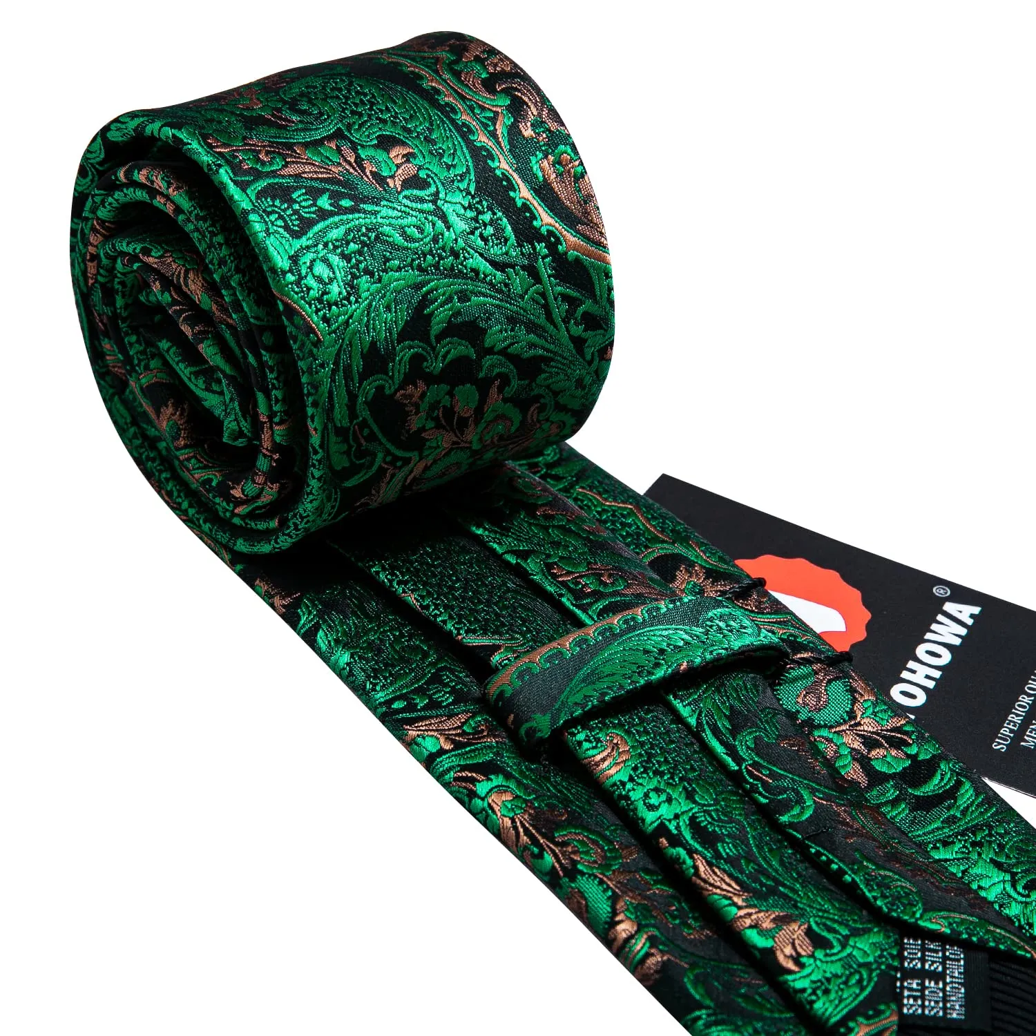Barry.Wang Set da Uomo con Cravatta, Fazzoletto da Taschino e Gemelli in Seta, Motivo Paisley, Verde - immagine 5