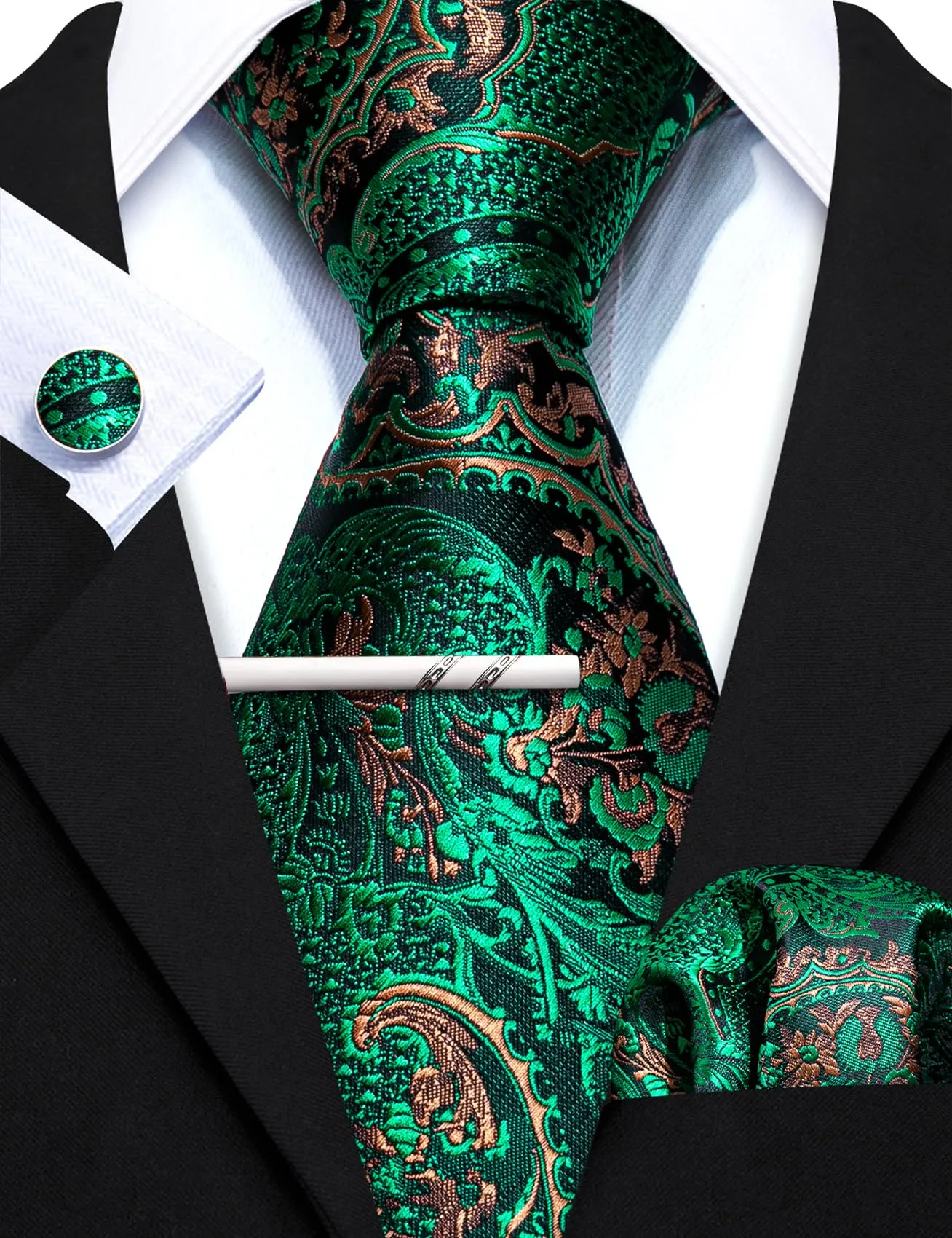 Barry.Wang Set da Uomo con Cravatta, Fazzoletto da Taschino e Gemelli in Seta, Motivo Paisley, Verde - immagine 6