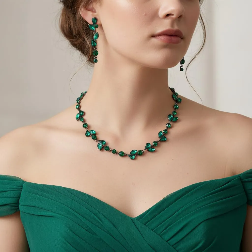 EVER FAITH Set di Gioielli in Cristallo per Sposa con Collana, Bracciale e Orecchini a Foglia, Verde Nero-Fondo - immagine 2