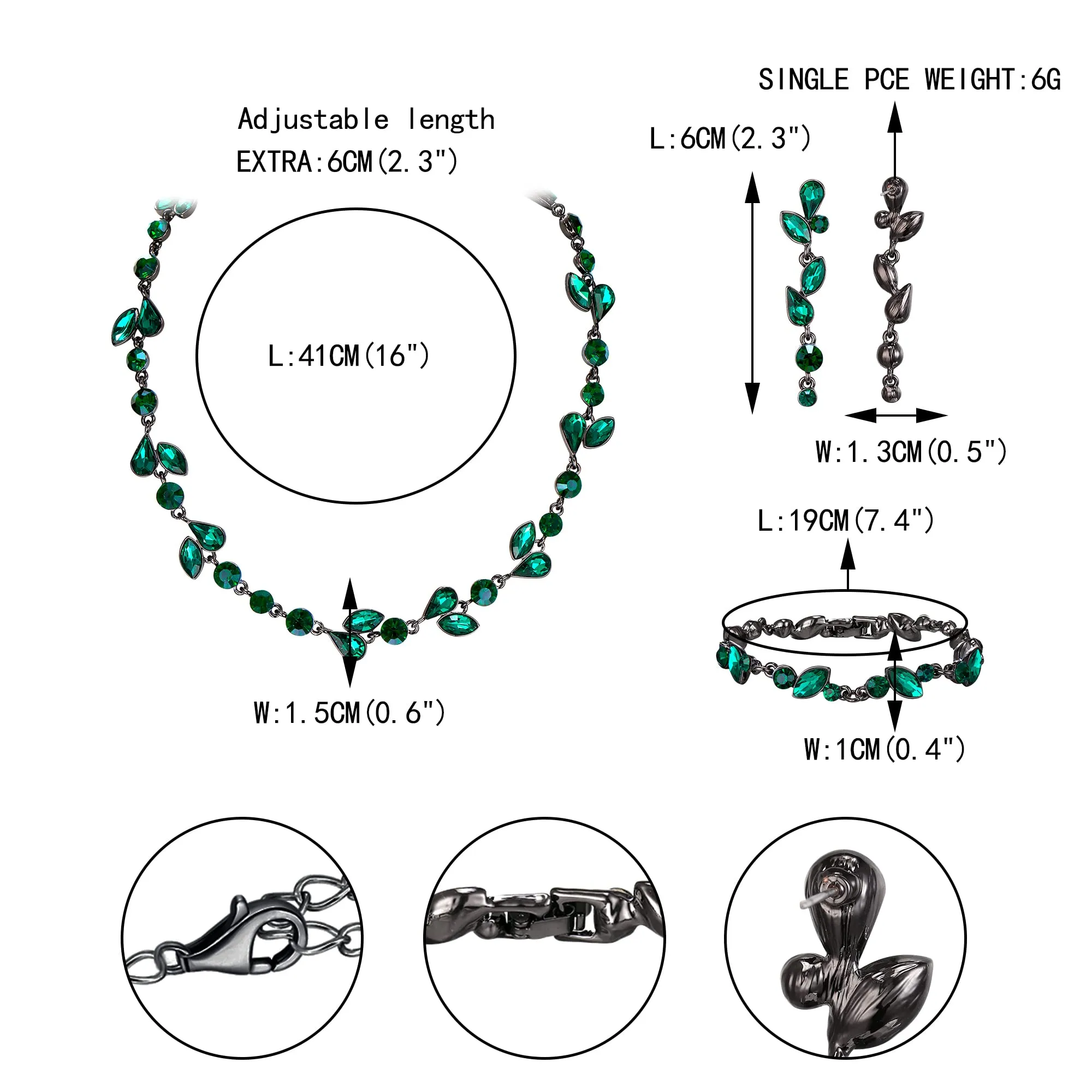 EVER FAITH Set di Gioielli in Cristallo per Sposa con Collana, Bracciale e Orecchini a Foglia, Verde Nero-Fondo - immagine 4