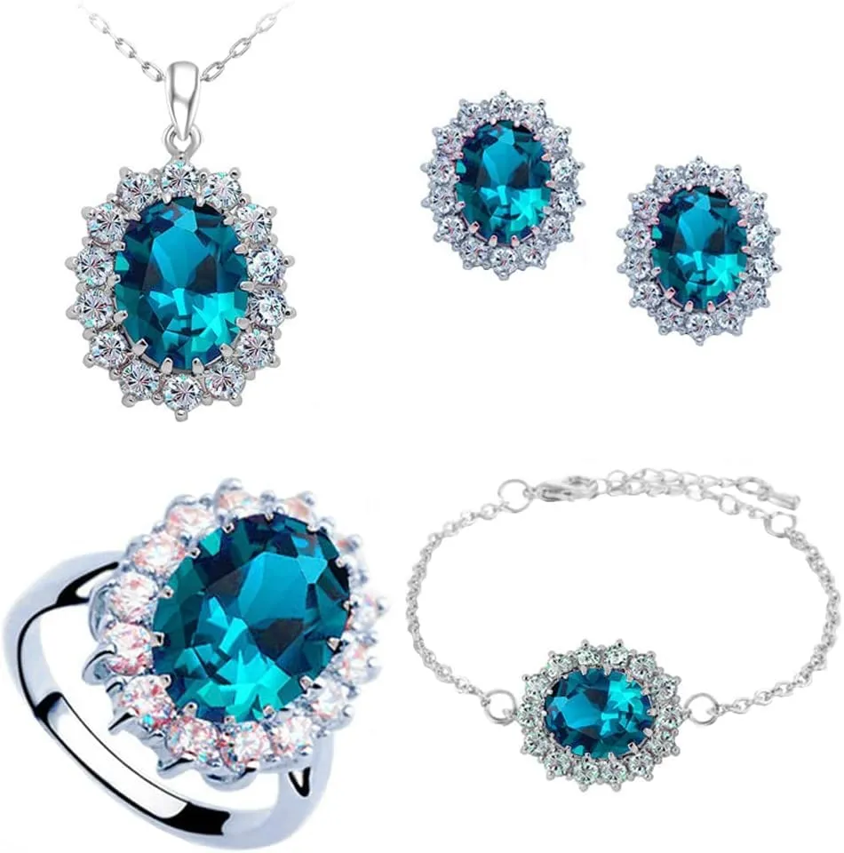 TOFBS Set di Gioielli con Zirconi Cubici Collana, Orecchini, Bracciale e Anello - Blu Marino - immagine 1