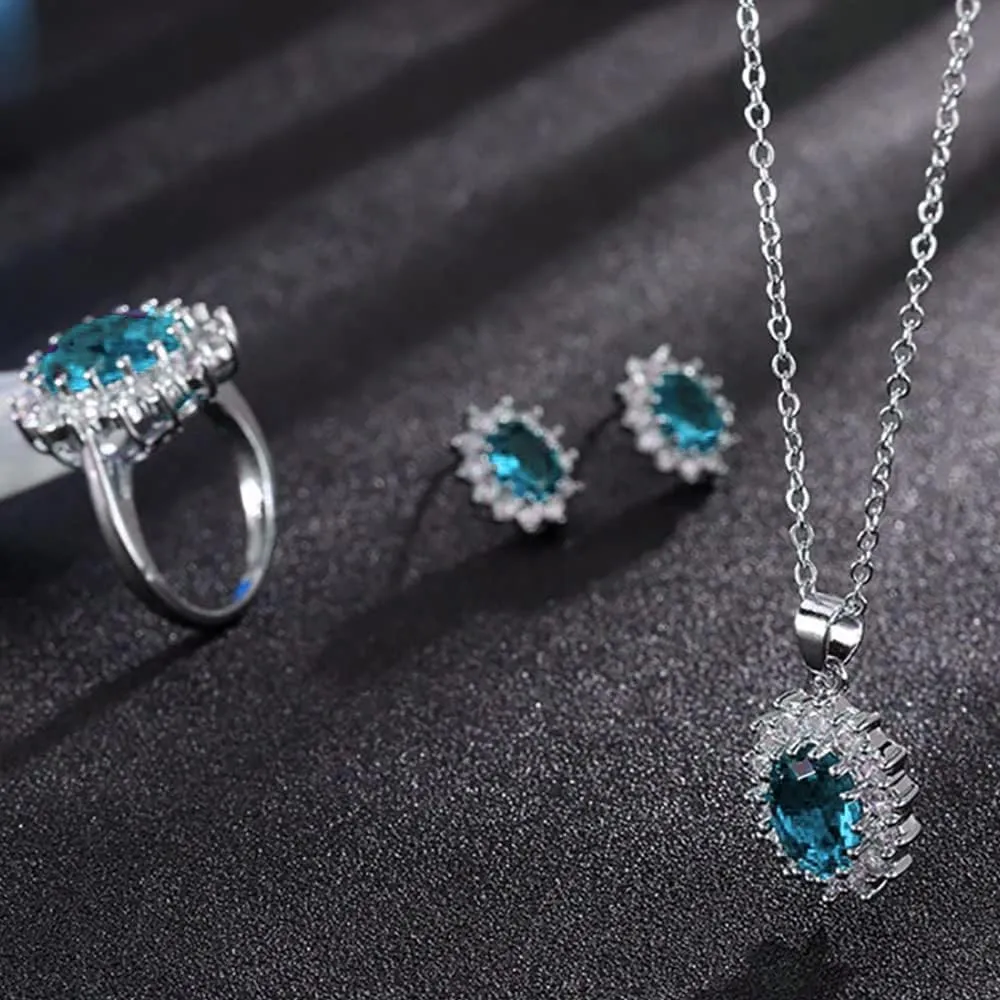 TOFBS Set di Gioielli con Zirconi Cubici Collana, Orecchini, Bracciale e Anello - Blu Marino - immagine 2
